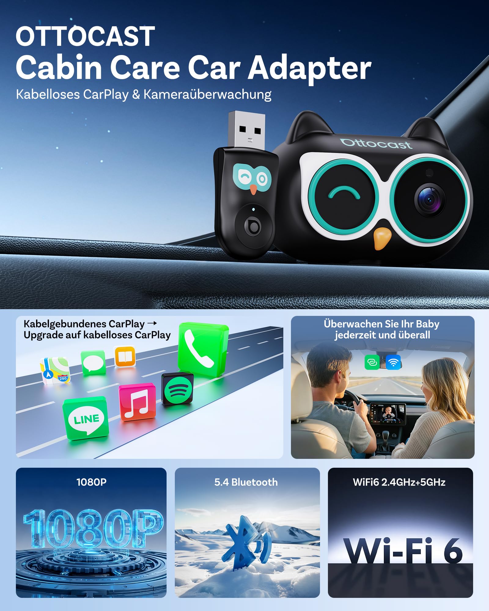 OTTOCAST Cabin Care, 2026 Neues Wireless CarPlay Adapter mit Kamera, Baby Auto Kamera, CarPlay Baby Monitor auf Originaldisplay, Split Screen & Pip, 1080P Nachtsicht, Weitwinkel, Plug & Play