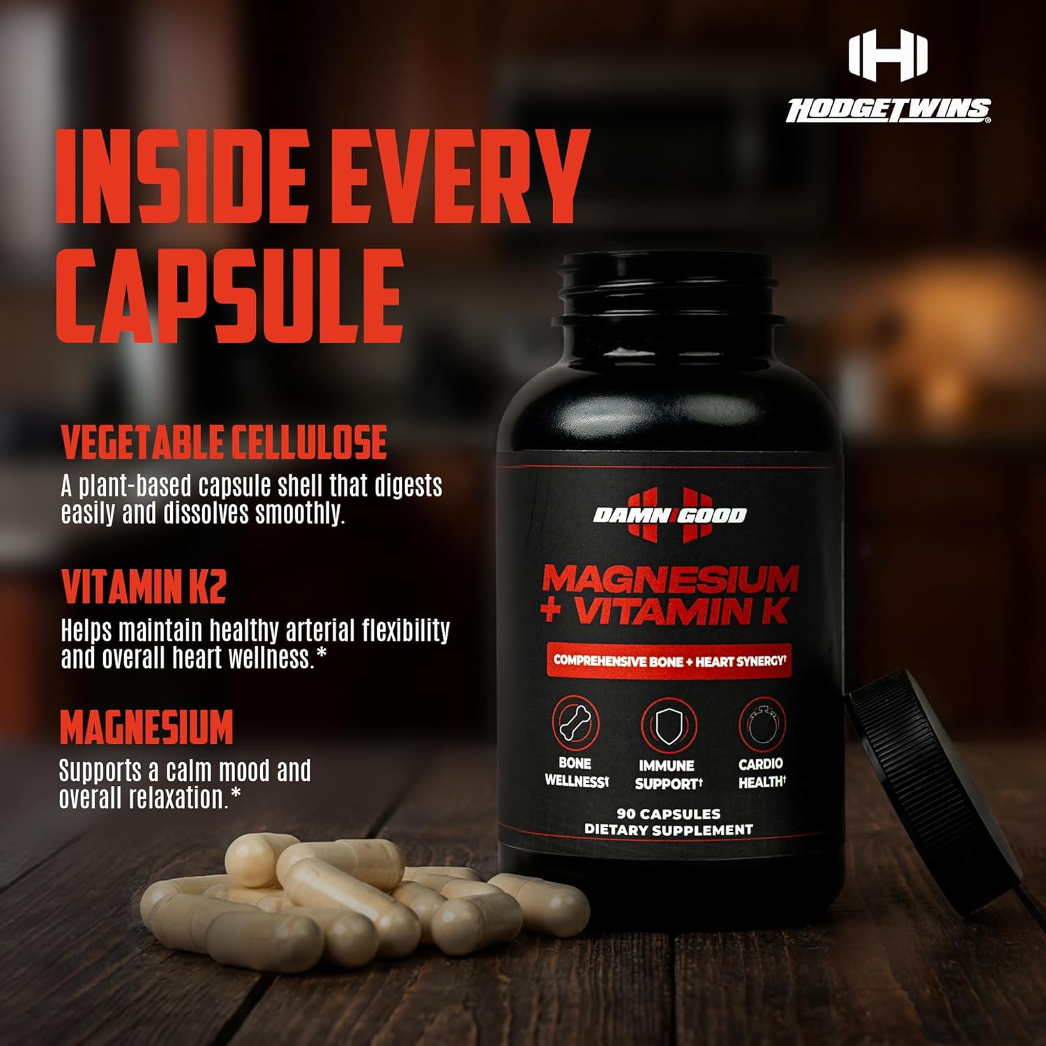 DAMN GOOD The Hodge Twins K2 Magnesium Supplement Advanced Formula for Focus, Clarity & Energy – Premium Neuro Capsules with Adaptogenic Herbs & Nutrients – Vegan & Non-GMO – 90 Count