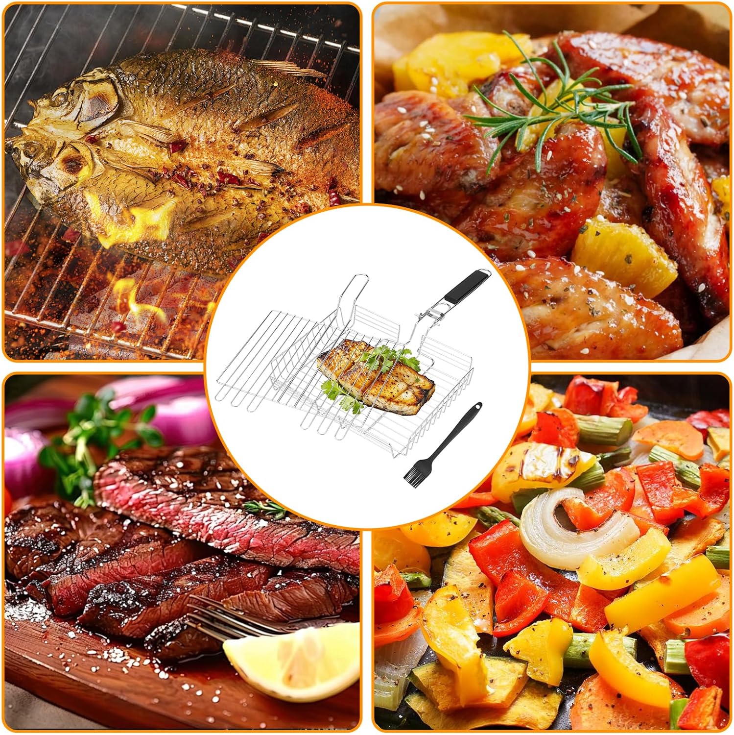 Grill Basket, Grill Baskets for Outdoor Grill With Adjustable Cover & Detachable Handle,Brush Fish Grill Basket, for Meat Vegetable, Grilling Basket, BBQ Accessory (2 Pcs)