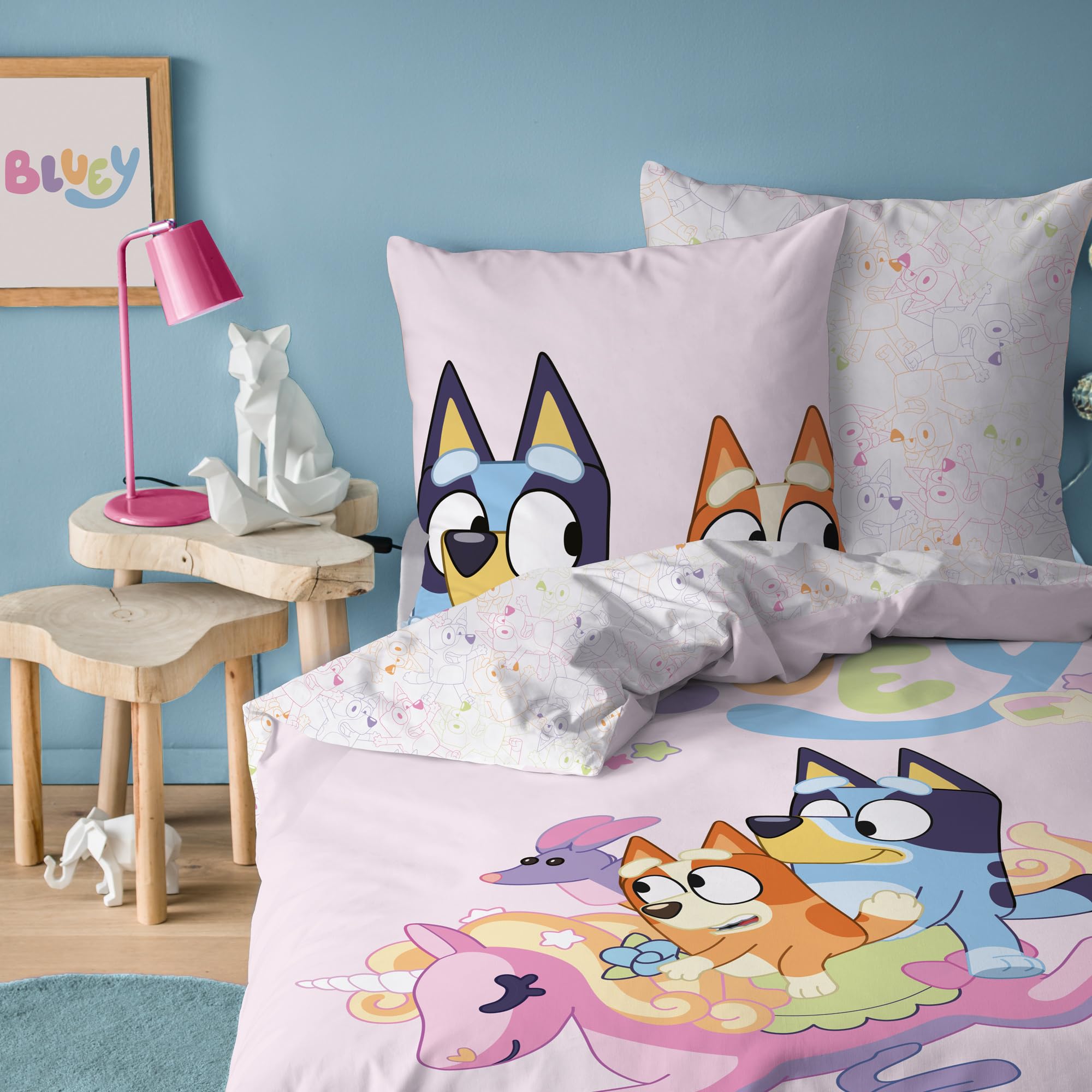 Parure de lit enfant Bluey en coton Oeko-TEX pour lit 1 place rose