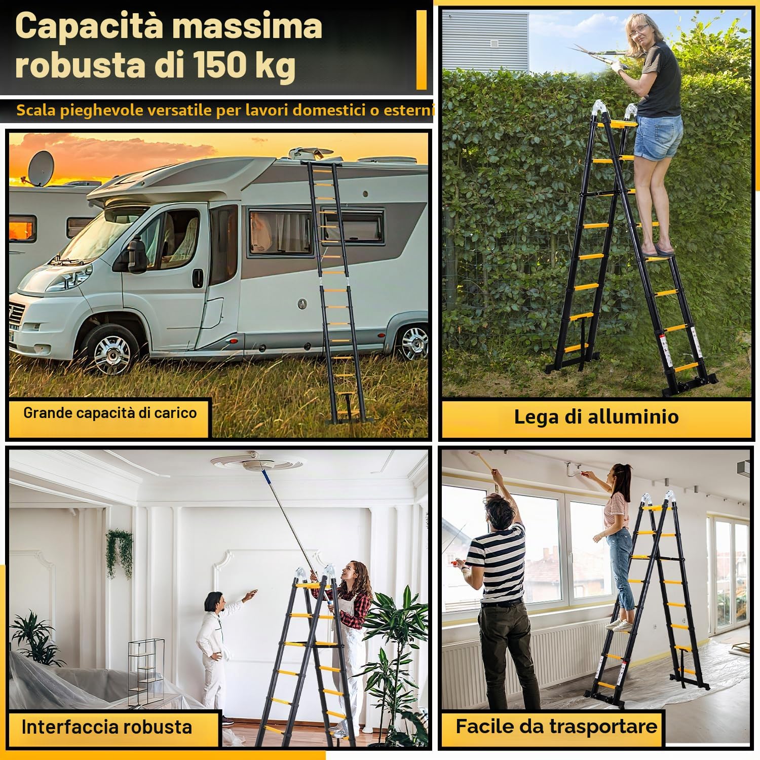Ikodm Scala telescopica pieghevole in alluminio 5 m, scala alluminio telescopica antiscivolo, scala multiuso in alluminio, portata 150 kg, colore nero e giallo