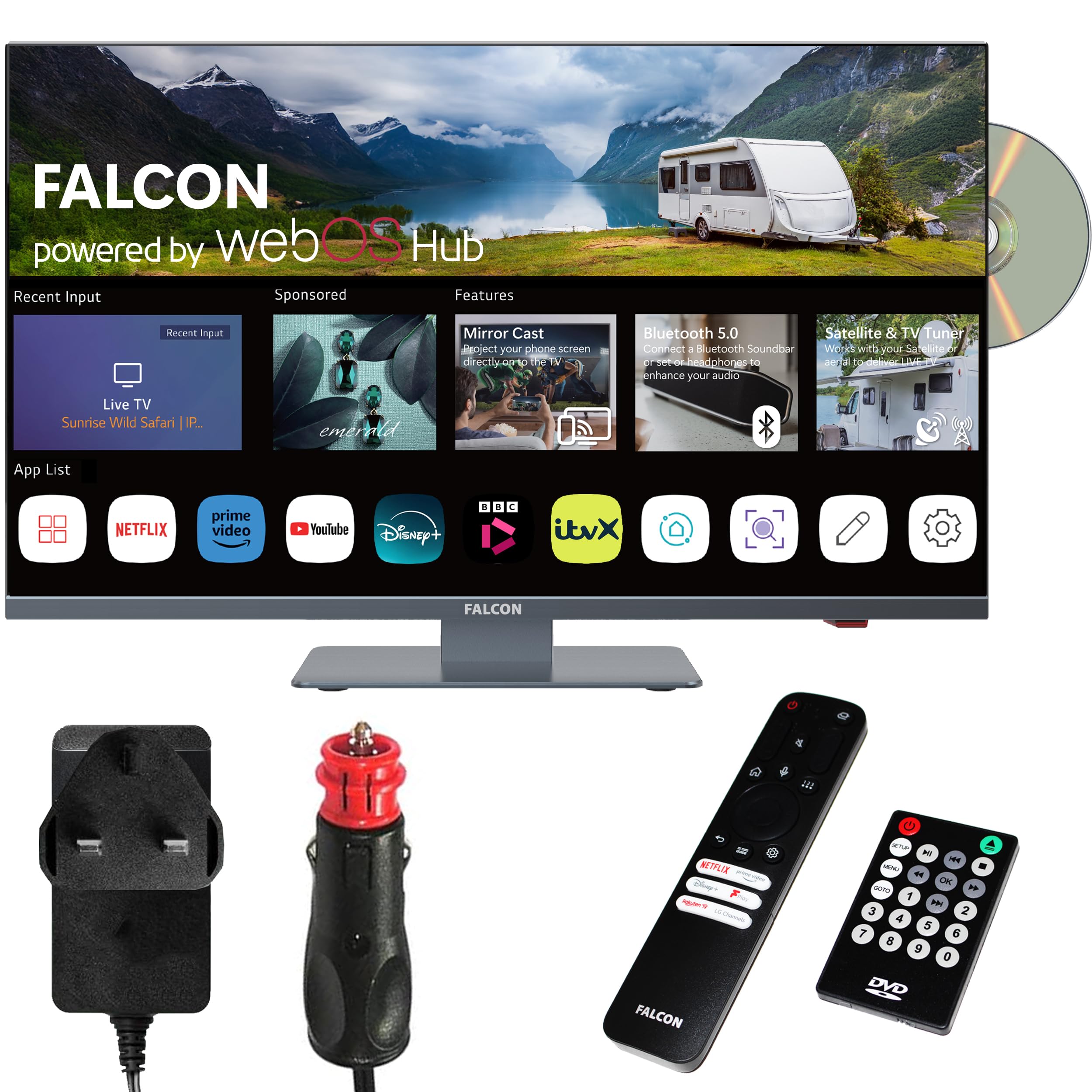 Falcon 19 inch TV WebOS SMART TV Wifi Camping – 12V/24V, Integrated DVD Player, Bluetooth 5.0, USB, Streaming, Freeview, Netflix, Prime Video, pitch perfect Television for Campervan, Motorhome IPTV