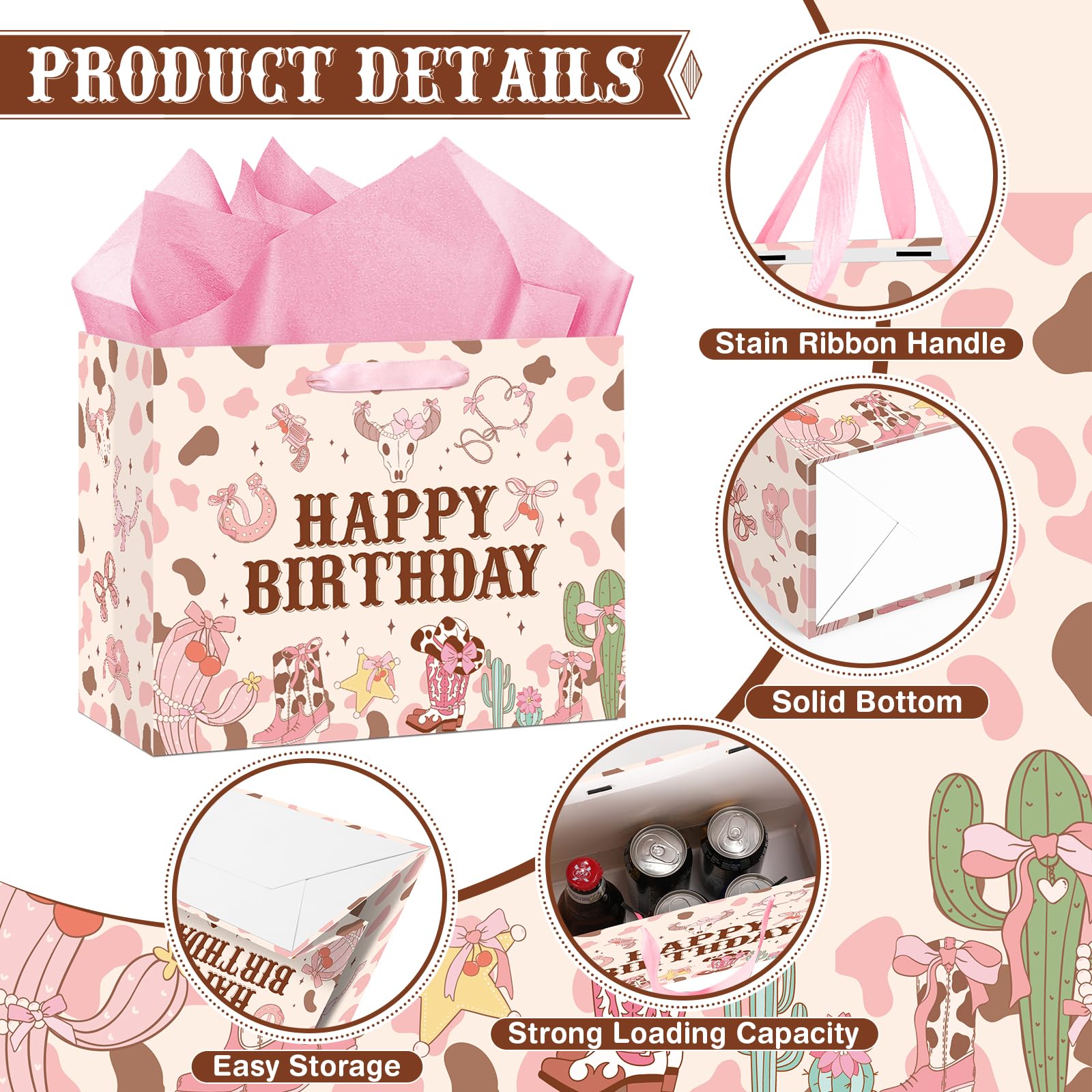 Wauprant Large Cowgirl Birthday Gift Bag for Girls Pink Wild West Western Happy Birthday Gift Bag with Wrapping Paper and Card for Girls First Rodeo Baby Shower Bachelorette Bday Party Supplies