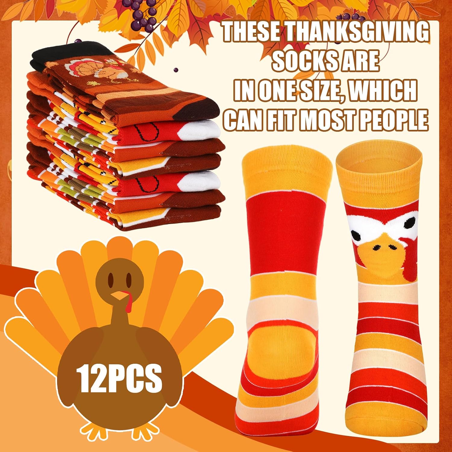 Crowye Thanksgiving Day Theme Socks Bulk Autumn Fall Novelty Unisex Crew Turkey Socks for Holiday Gifts