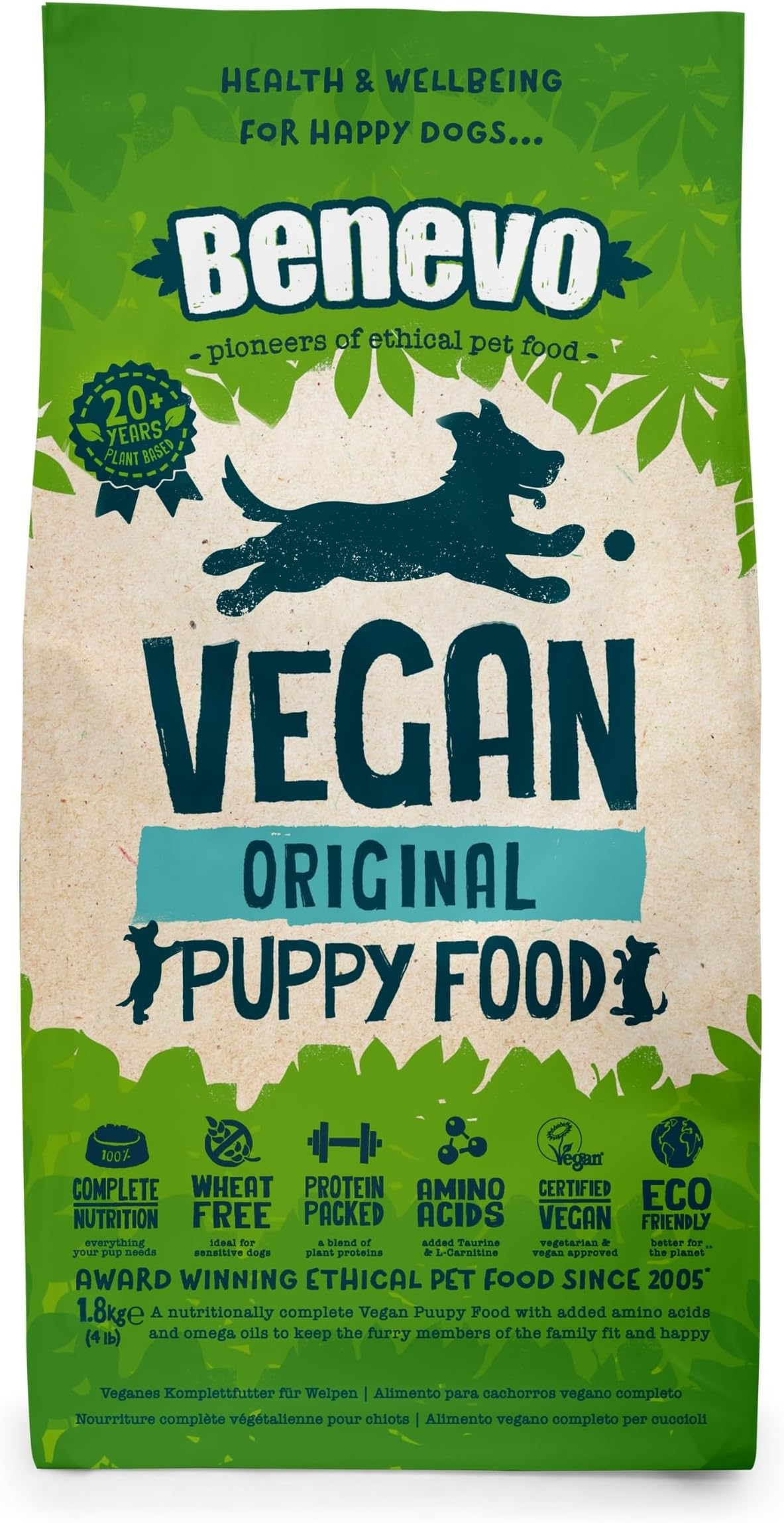 Benevo Vegan Puppy Food Dry (1.8kg) Hypoallergenic, Wheat Free & Non GM, With Essential Fatty Acids, Taurine, & L-carnitine, For Large & Small Breeds, Approved By PETA & Vegan Society UK
