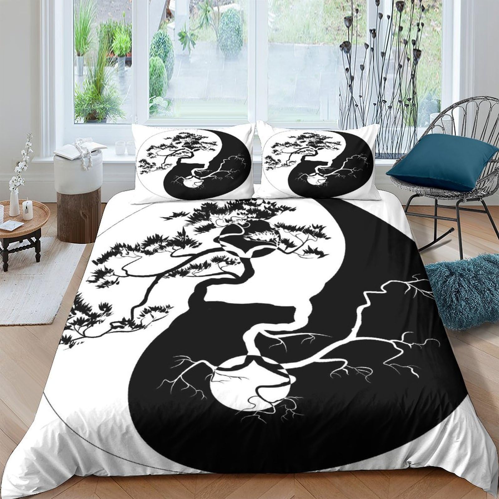 Ctjqhvkz Style-2 3D Printed Yin Yang Tree Fitted Sheet Microfiber Black White Zen Dragon Mattress Cover For Bedroom Dorm Décor Single（135X200cm）