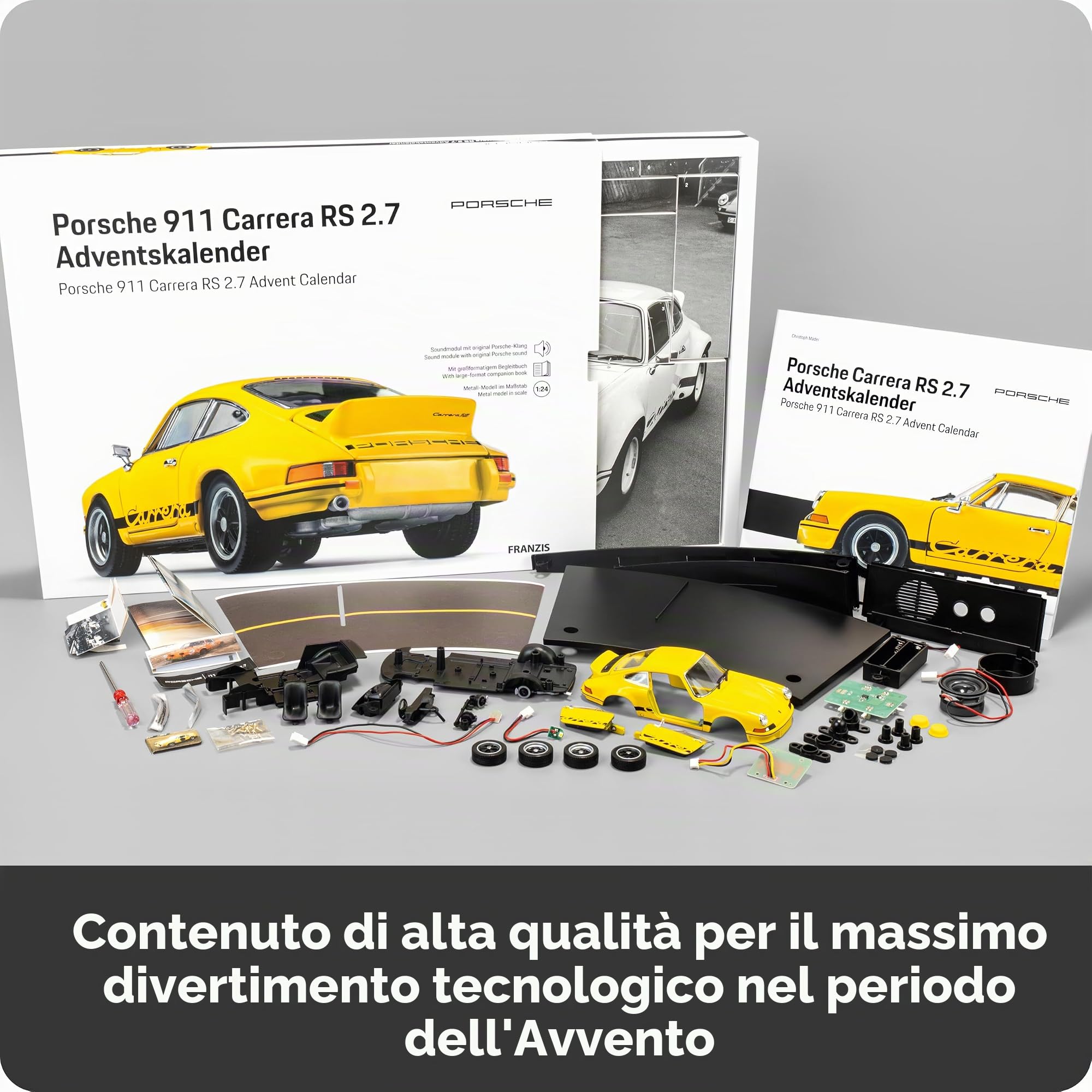 FRANZIS 67273 - Calendario dell'Avvento Porsche 911 Carrera RS 2.7, modello in scala 1:24, con base sonora e libro di accompagnamento a 52 pagine