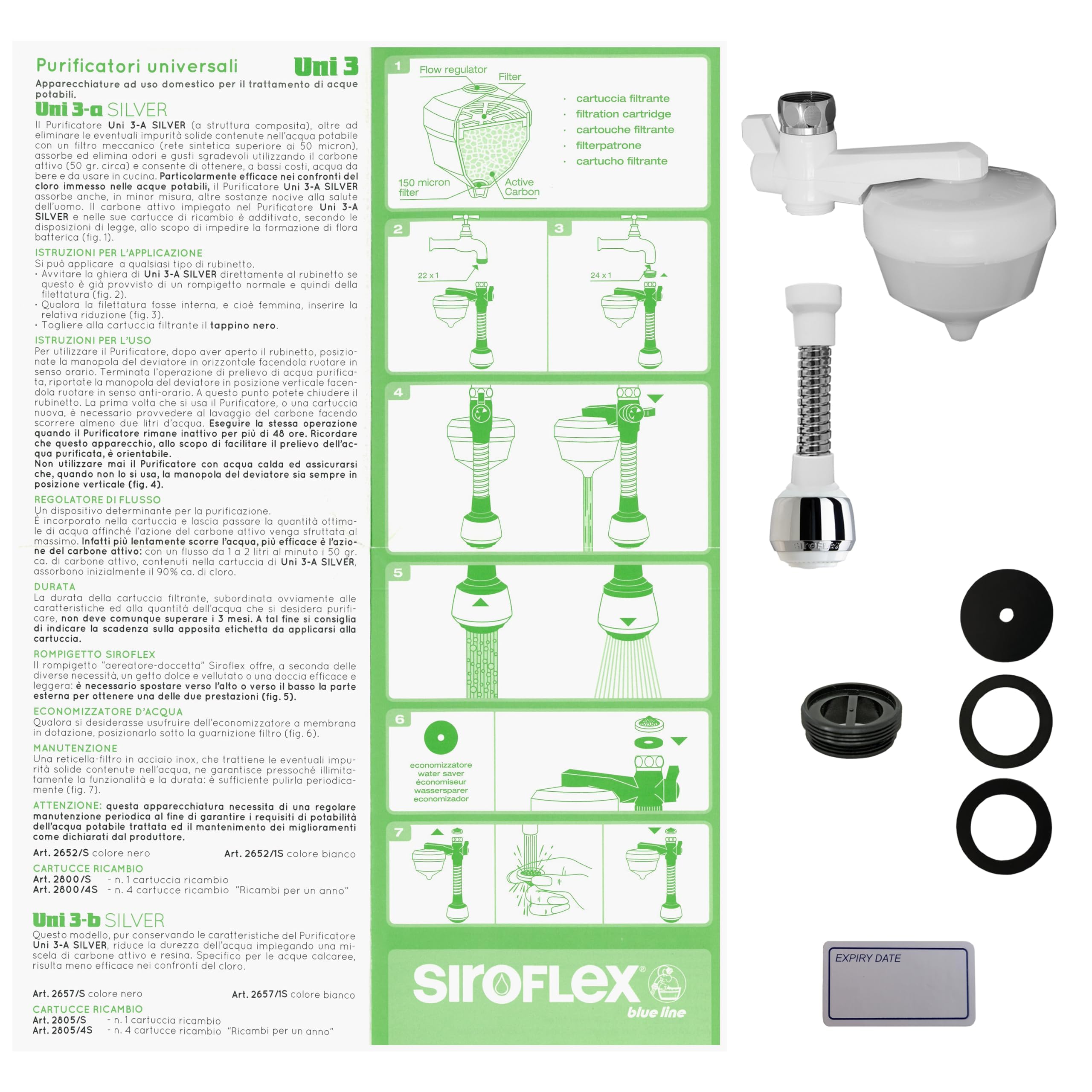 Siroflex 2652/1S Silver UNI 3-A Depuratore Acqua Domestico Made in Italy Con Cannuccia Flessibile Aeratore Doccetta Sirius | Depuratore Acqua Rubinetto | Filtro Acqua Rubinetto Depuratore