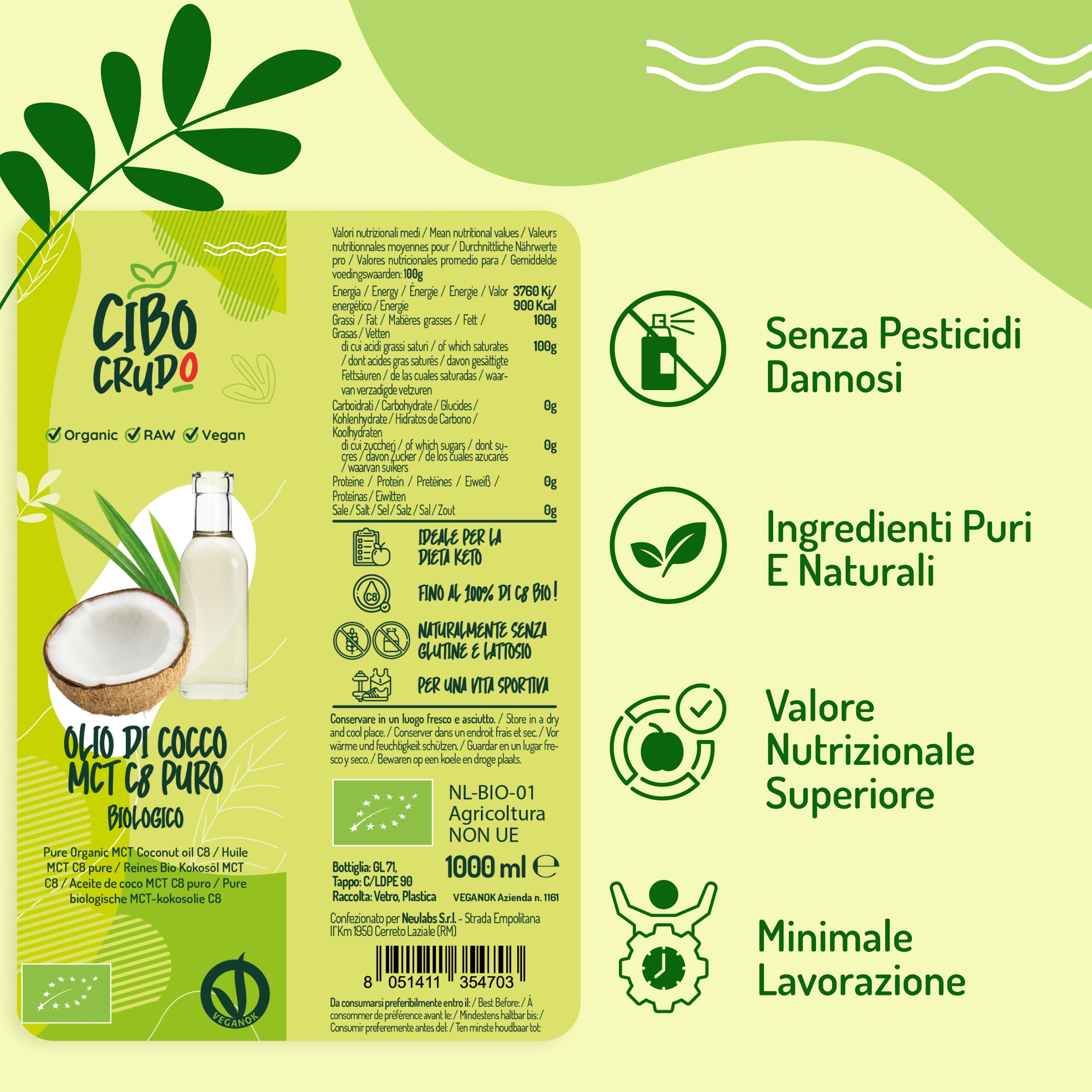 CIBO CRUDO crudo biologico vegan Olio MCT C8 Puro Biologico Spremuto a Freddo - 1LT. Olio di Cocco MCT Commestibile Bio e Puro per Keto Paleo o per Sso su Corpo e Capelli. Olio Vegano e Vegetariano.