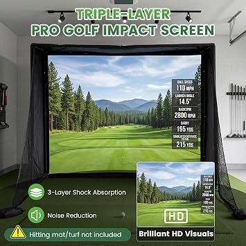 Golf Simulator Impact Screen, 4mm Thick HD Golf Impact Screen for Indoor Outdoor Practice, Reinforced Grommets for Extended Lifespan, Quiet Impact Polyester Mesh Fabric, Storage Bag Included