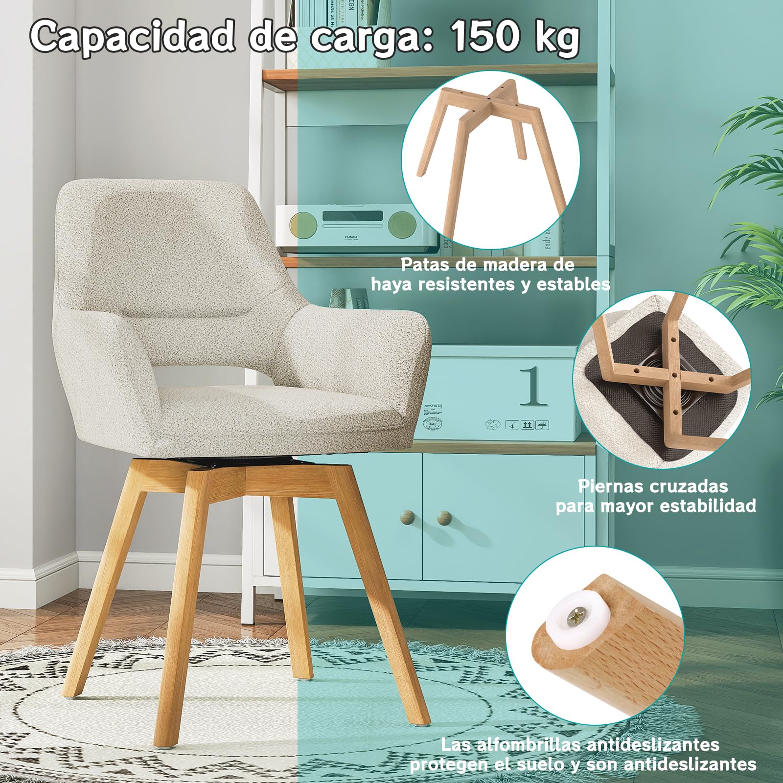 JIJIAN Juego de 2 Sillas de Comedor Giratorias 360° con Reposabrazos | Silla Acolchada con Patas de Haya, para Salón, Cocina, Dormitorio y Estudio, Beige
