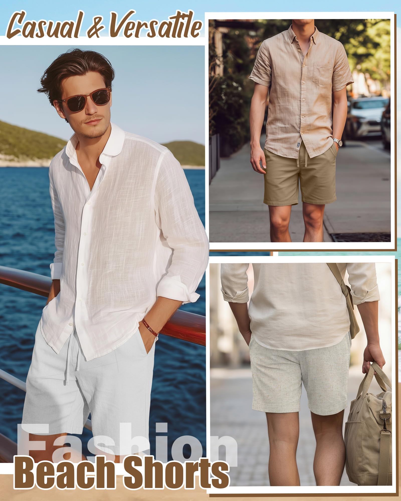 Neer Lot de 3 shorts d'été décontractés et légers en lin avec cordon de serrage à taille élastique et poches pour homme