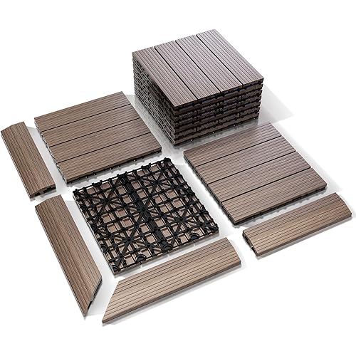 24PCS Interlocking Deck Tiles Outdoor - Weatherproof Heavy Duty Composite Deck Tiles with Borders & Corner Trims Patio Floor Tiles - DIY Patio Kit, Outside Flooring for Yard Basement Balcony Poolside