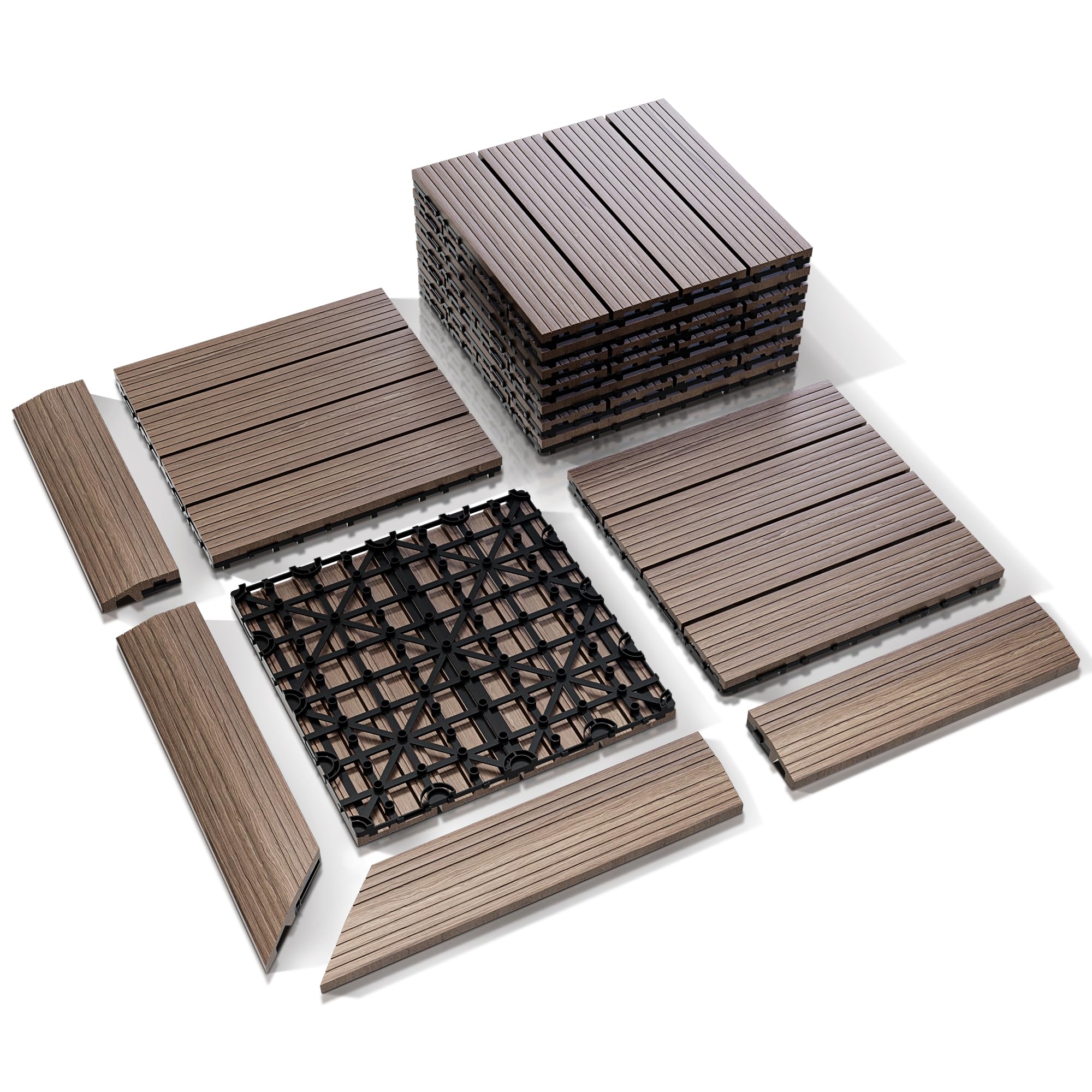 24PCS Interlocking Deck Tiles Outdoor - Weatherproof Heavy Duty Composite Deck Tiles with Borders & Corner Trims Patio Floor Tiles - DIY Patio Kit, Outside Flooring for Yard Basement Balcony Poolside