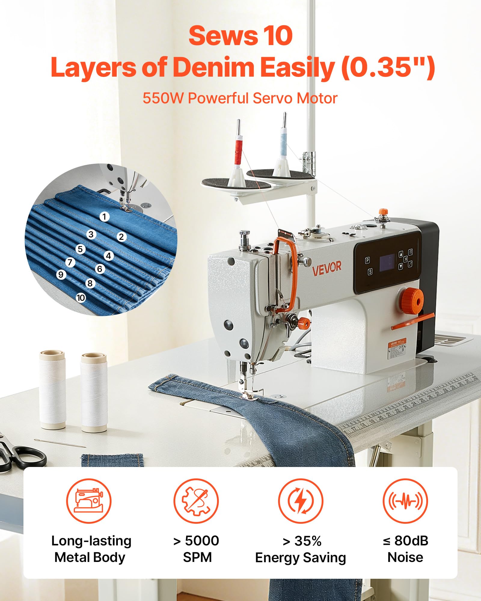 VEVOR Industrienähmaschine, 550-W-Nähmaschinen-Set mit Servomotor & Tischgestell, Automatischem Fadenabschneider, 5000 Stiche/Minute, LCD-Display, LED-Beleuchtung, für Baumwolle & Denim