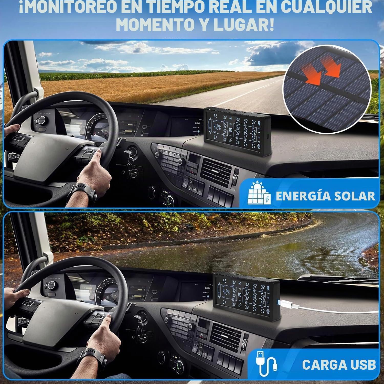 Sistema de monitoreo de presión de neumáticos TPMS con carga solar y USB con 10 sensores externos, pantalla LCD y alarma de voz, ajustable para 4/6/8/10 ruedas, se adapta a automóvil, camión