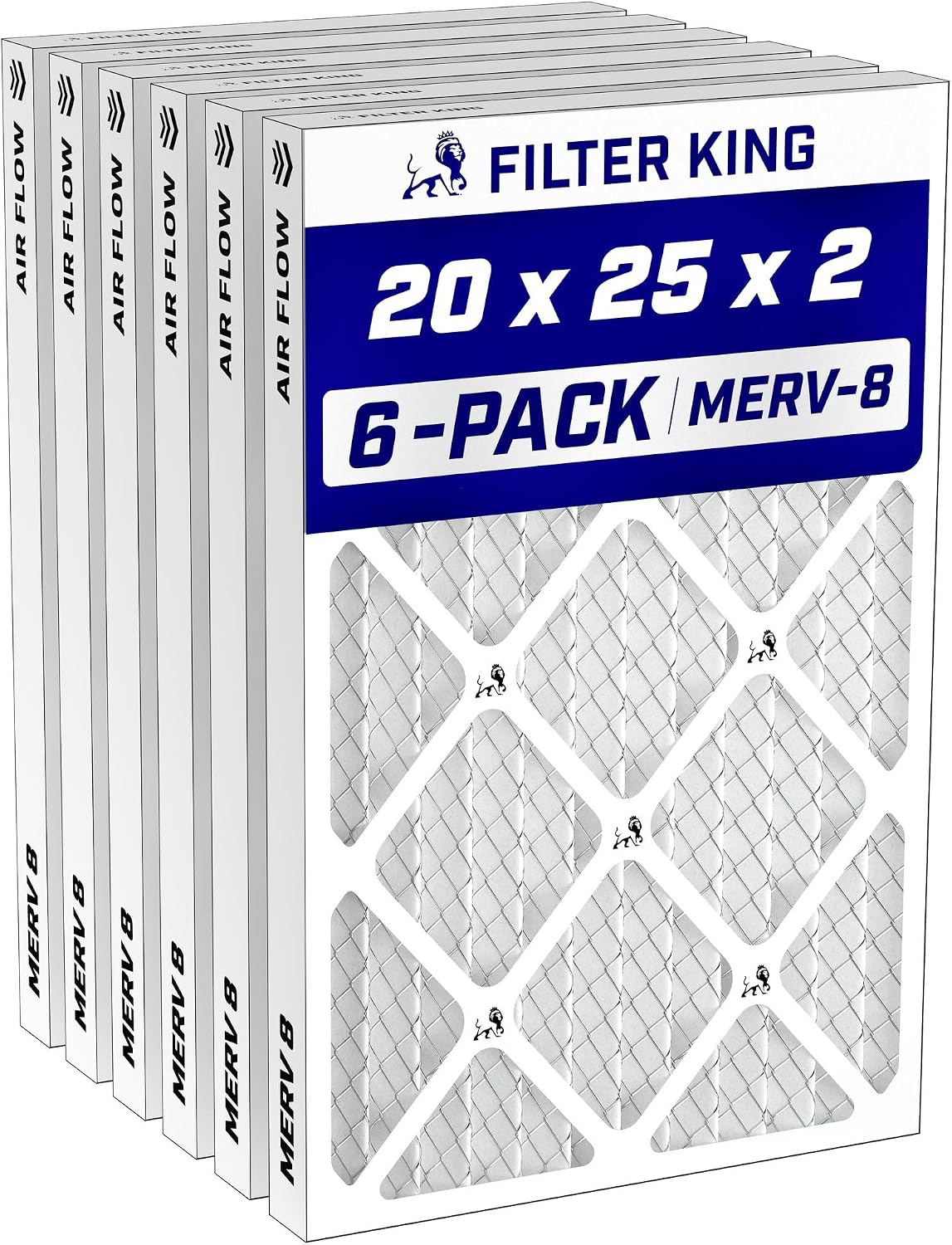 Filter King 20x25x2 MERV 8 Pleated Air Filter 6-Pack for AC and Furnace - High Performance Dust and Allergy Control