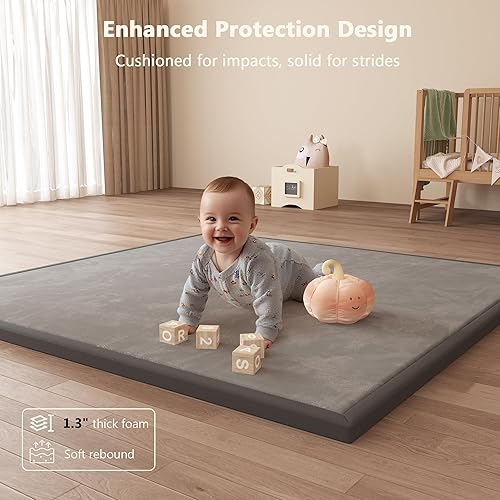 Miniatura 3 de Tapete de juego para bebé para piso, de espuma viscoelástica de 1.3 pulgadas de grosor, tapete para el tiempo boca abajo, alfombra de terciopelo