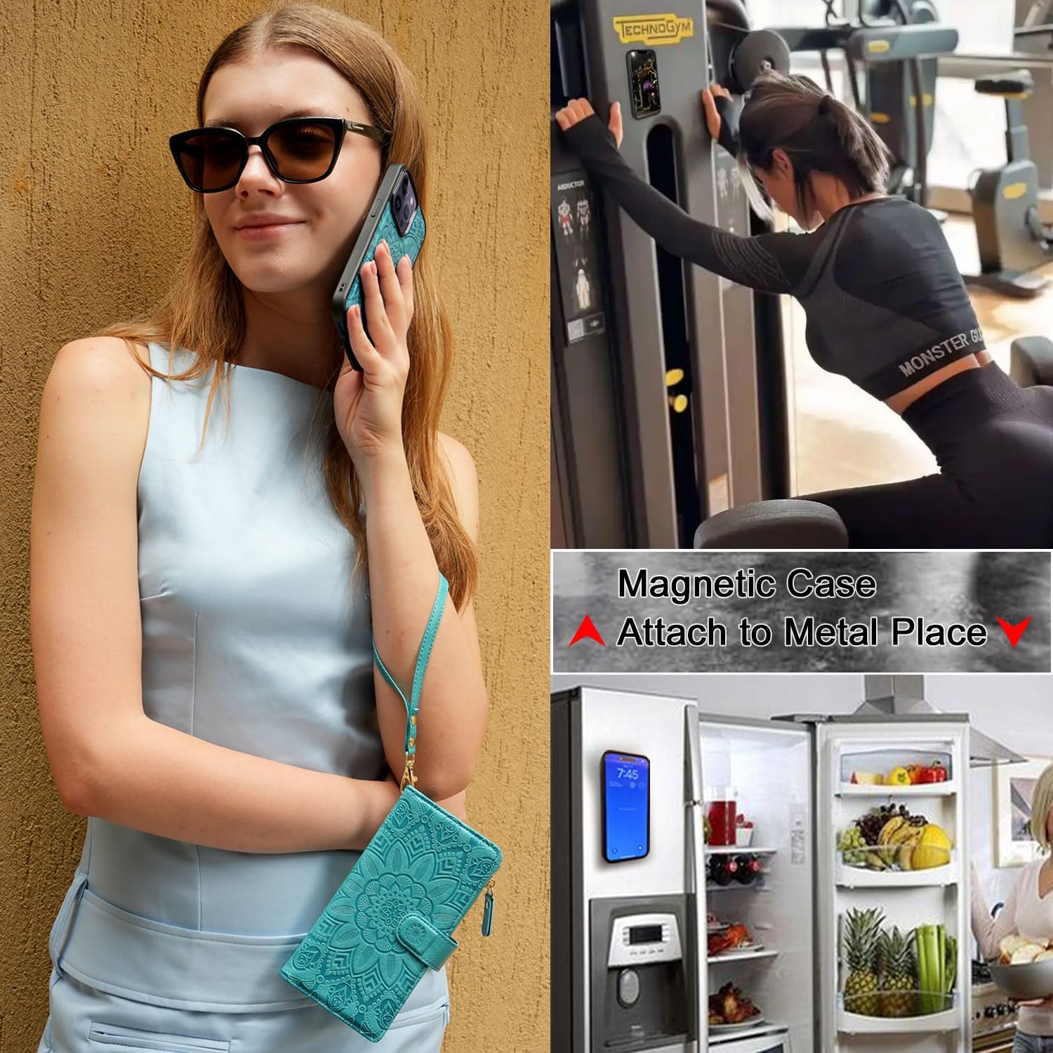 Harryshell Compatible with iPhone 13 Pro Max 6.7 inch 5G 2021 Wallet Case Detachable Magnetic Cover Zipper Cash Pocket Multi Card Slots Holder Wrist Strap Lanyard Floral Flower (Blue Green) - Image 5