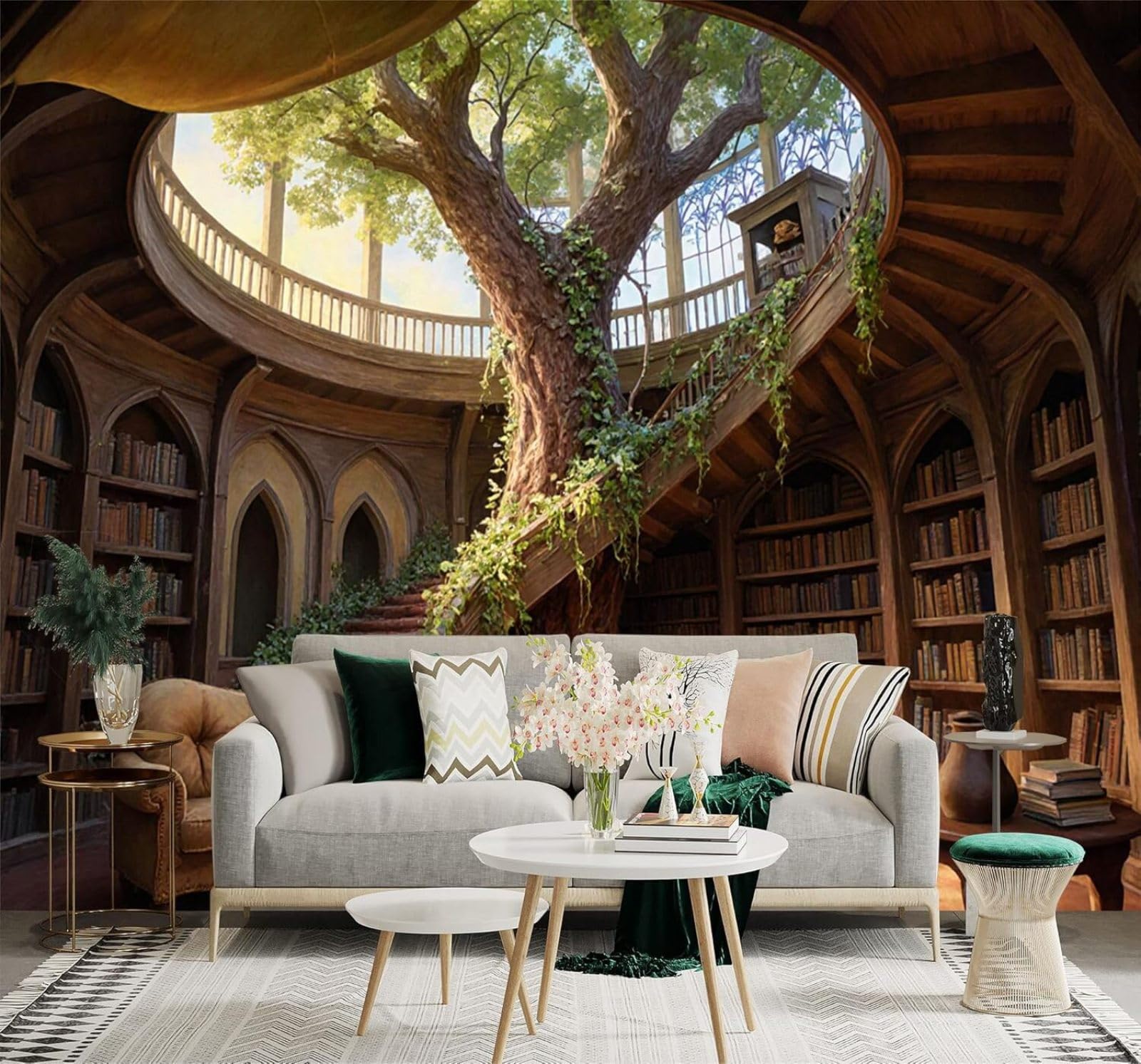 XLMING Creative Library Large Tree Bookshelf Rustic Interior 3D Wallpaper Silky Texture Home Study Office Grey Dining Room Sofa Bedroom Living Room TV Backdrop-350cm×256cm