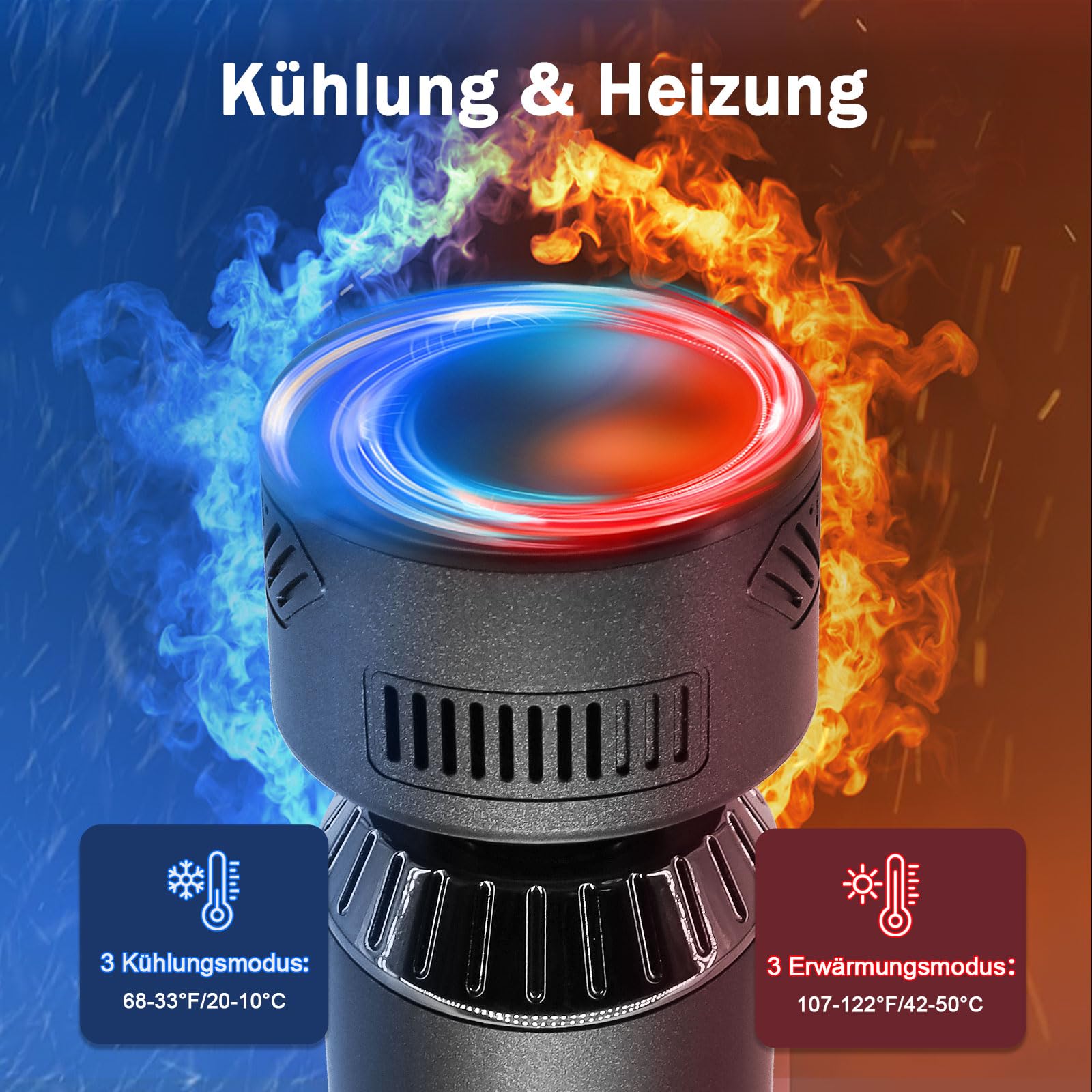 2 in 1 Massagepistole mit Wärme und Kälte, Mini Massagegerät mit Verlängertem Griff, Massage Gun mit Hitze KäLte Function,Tiefengewebe Muskel Massagegerät, 4 Köpfe & Koffer