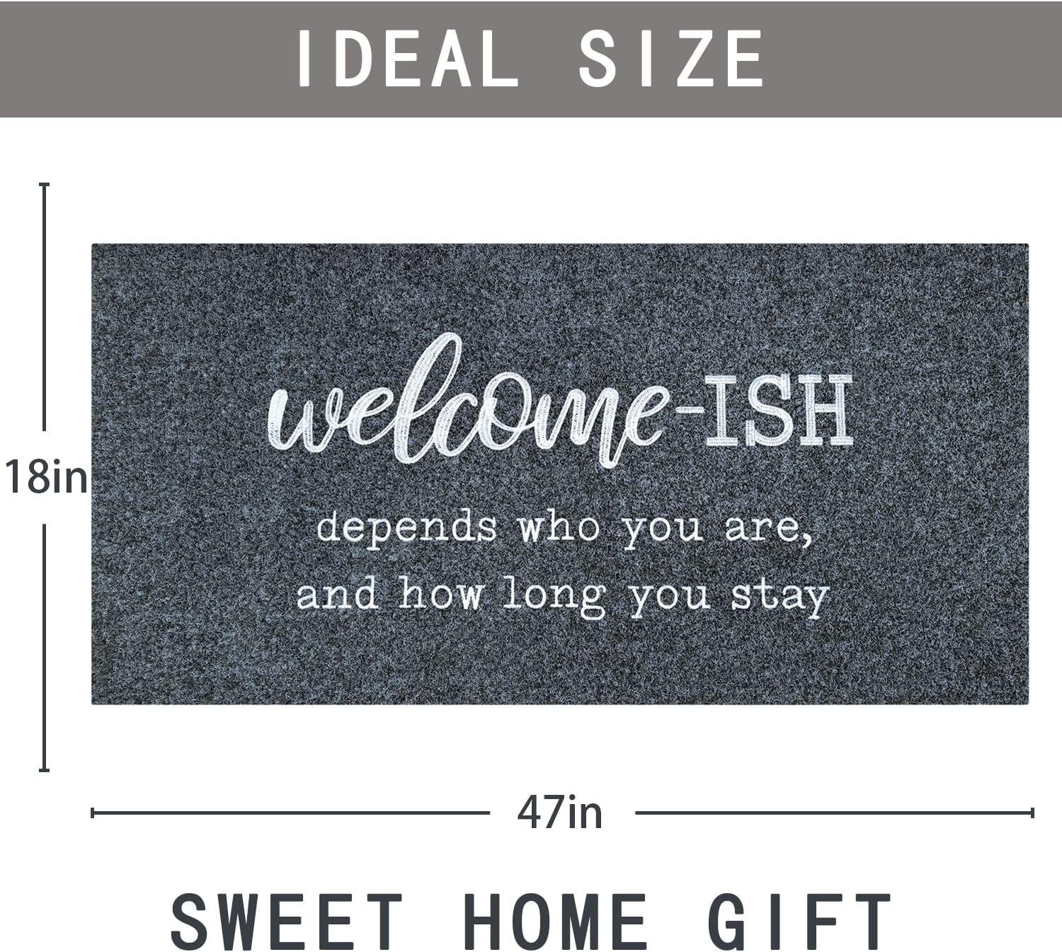 JJUUYOU Large Welcome Mat for Front Door Large 18"x47" Outside Entryway Funny Welcome-ish Gray Doormat Non Slip Rubber Backing Low Profile Doormats for Entry Patio Shoe Door Mats