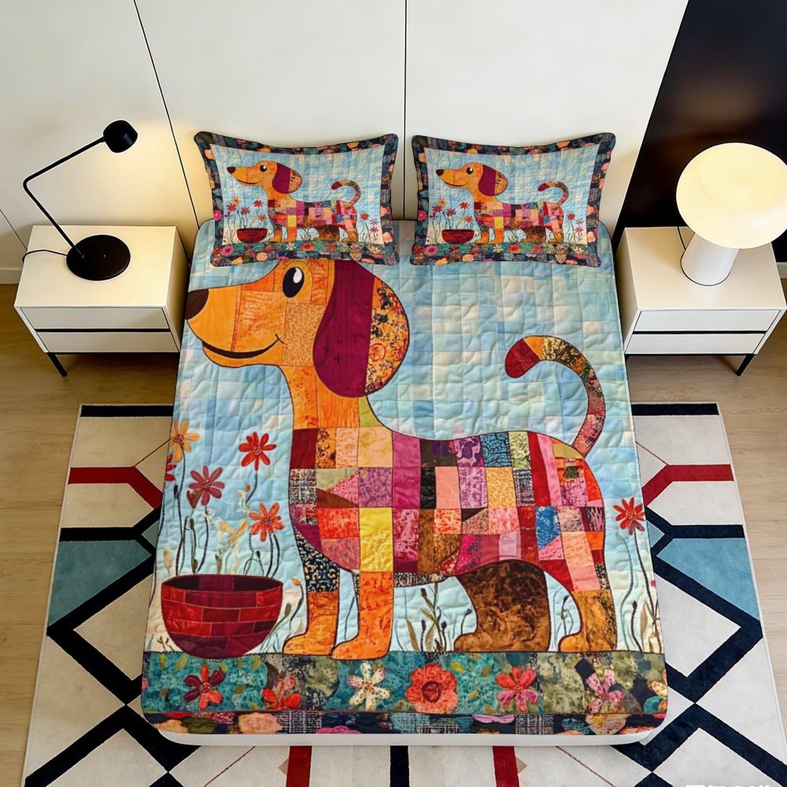 3D Printed Patchwork Dog Fitted Sheet Microfiber Colorful Puppy Bed Cover Anti-Slip Machine Washable for Bedroom Dorm Decor 90x200x25cm