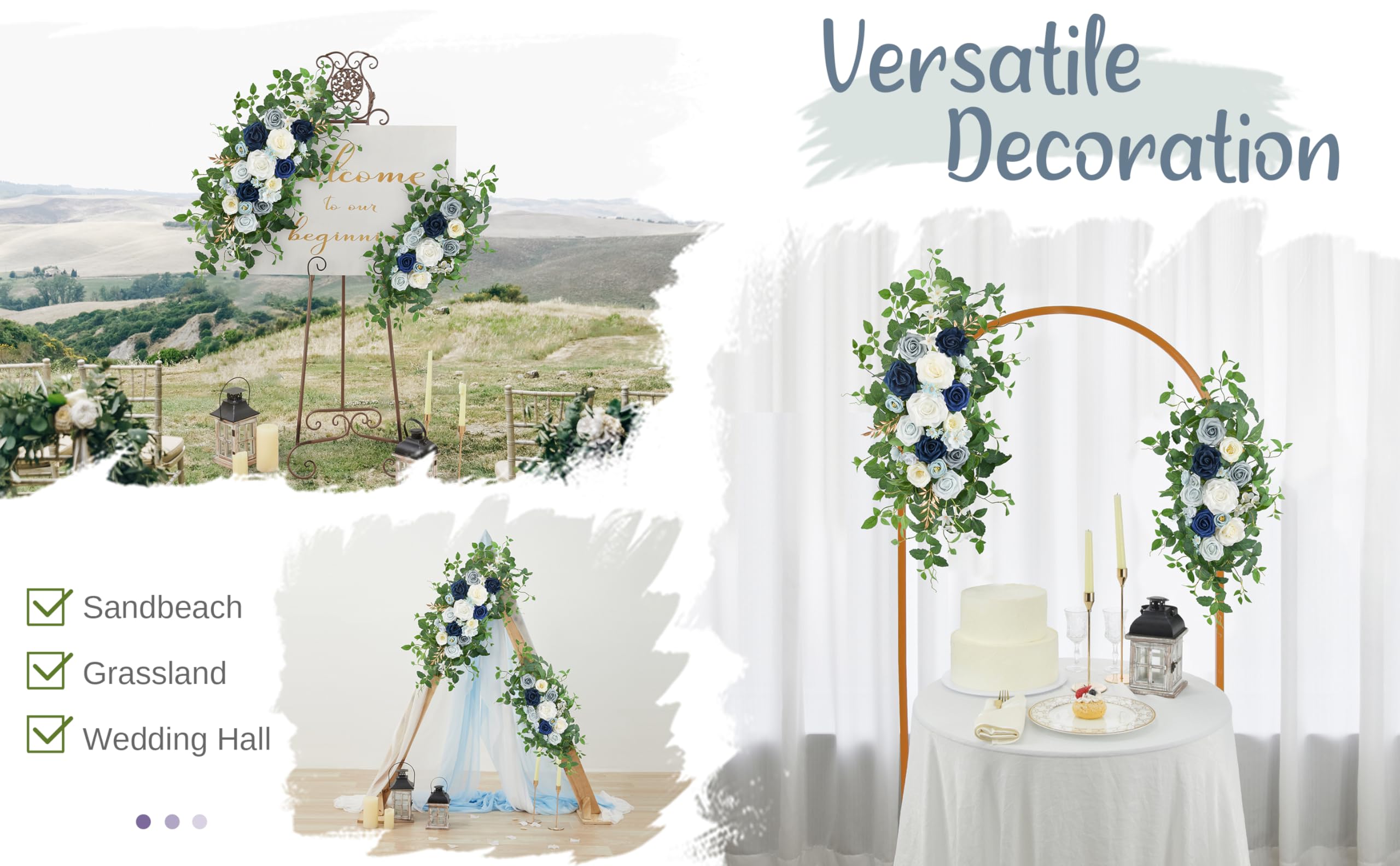 Bogenblumen-Set, 2 Stück, künstliche Blumengirlande für Hochzeit, Willkommensschild, Empfangszeremonie, Stuhldekoration, (Dusty Blue & Elfenbein)