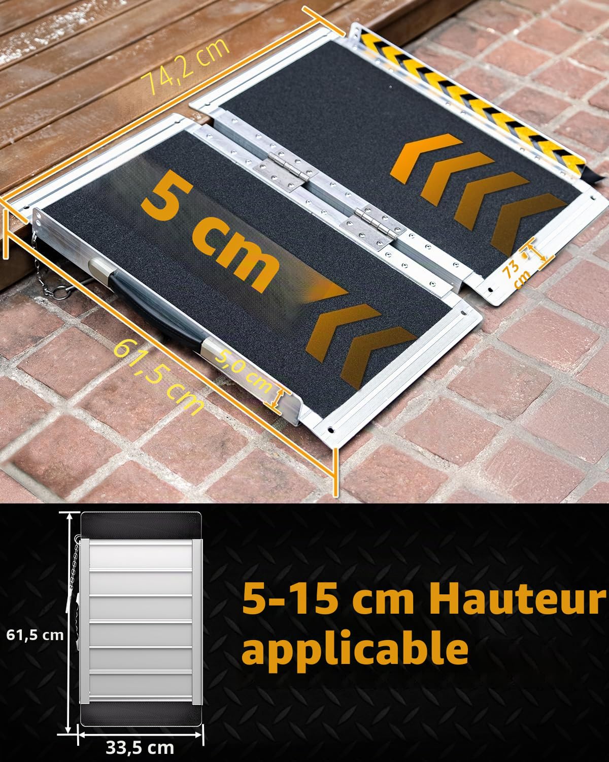 Rampe pour Fauteuil Roulant 61CM, Capacité 363KG, Rampe Pliante Antidérapante en Aluminium avec Surface en Carborundum pour Marches, Seuils, Trottoirs, Escaliers et Voitures