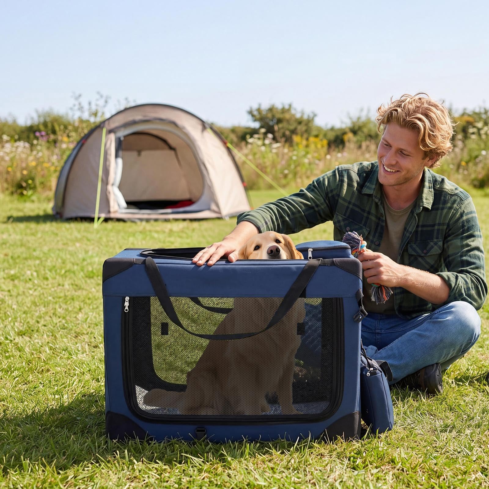 COSTWAY Transportín para Perros Plegable, Bolsa Transporte para Gatos con Ventanas de Malla, 3 Puertas y Bolsillos Extraíbles, Portador de Viaje para Mascotas Interior y Exterior (Azul,Large)