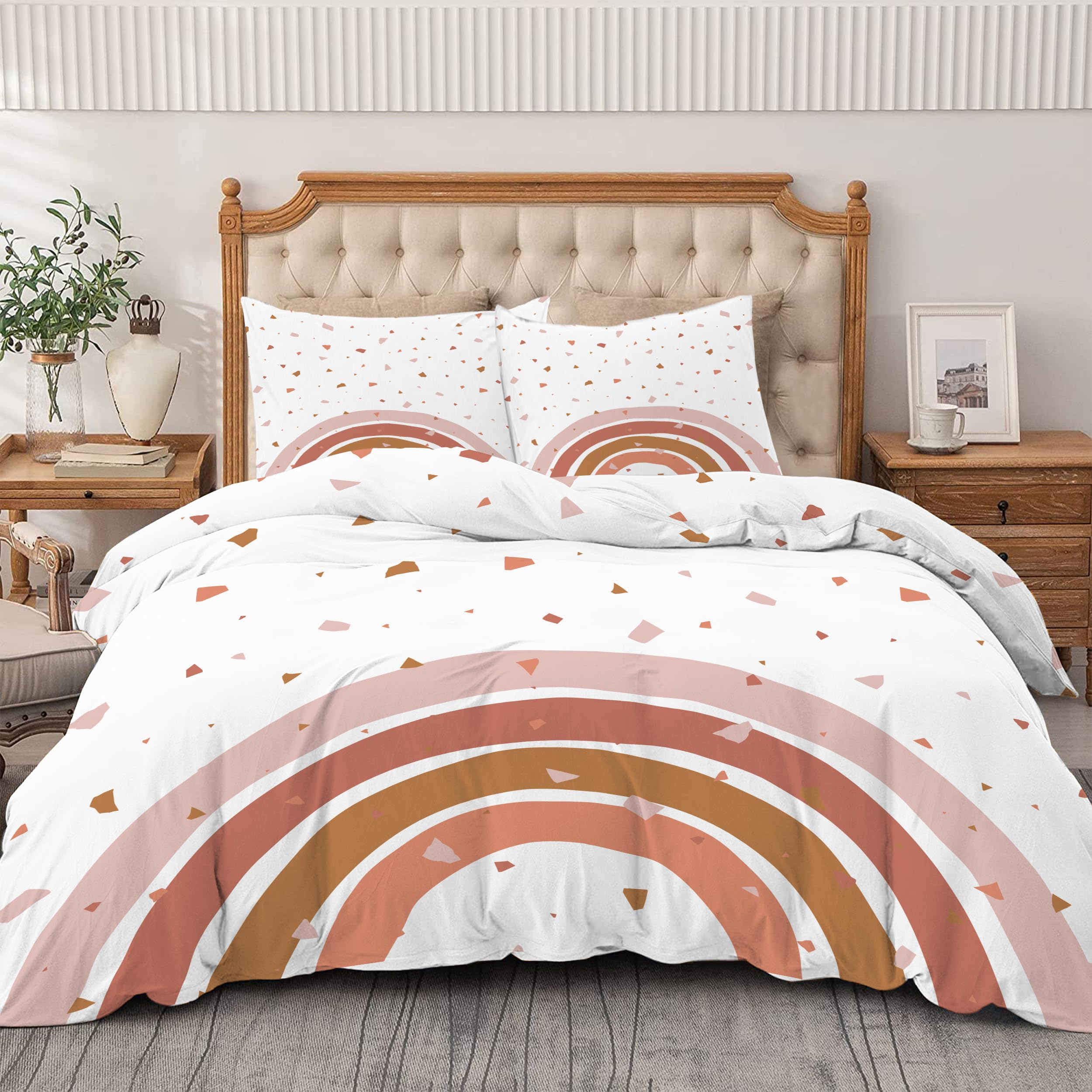Housse de Couette 220x240 Terracotta Arc-en-Ciel Parure de Lit 2 Personnes | Microfibre Douce avec 2 Taies 65x65cm, Motif Géométrique Moderne, Fermeture Éclair, Literie Réversible pour Adulte Fille