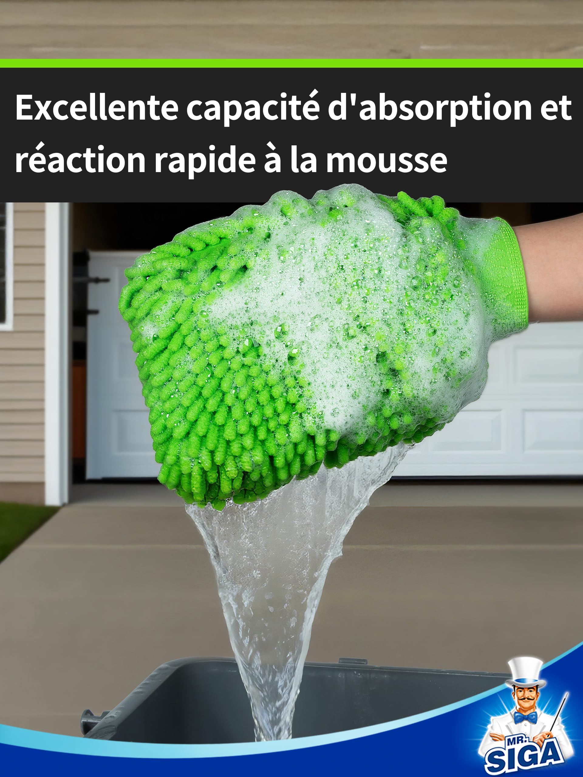 MR.SIGA Gant de Lavage en Microfibre de Chenille Souple Surchoix | Gant Microfibre pour Nettoyage de la Voiture, Lot de 2, Gris et Vert