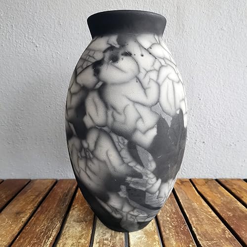 RAAQUU Jarrón grande ovalado de cerámica Raku ahumada (pedido anticipado)  Centro de mesa de arte de cerámica hecho a mano Raku de 13.5 pulgadas con