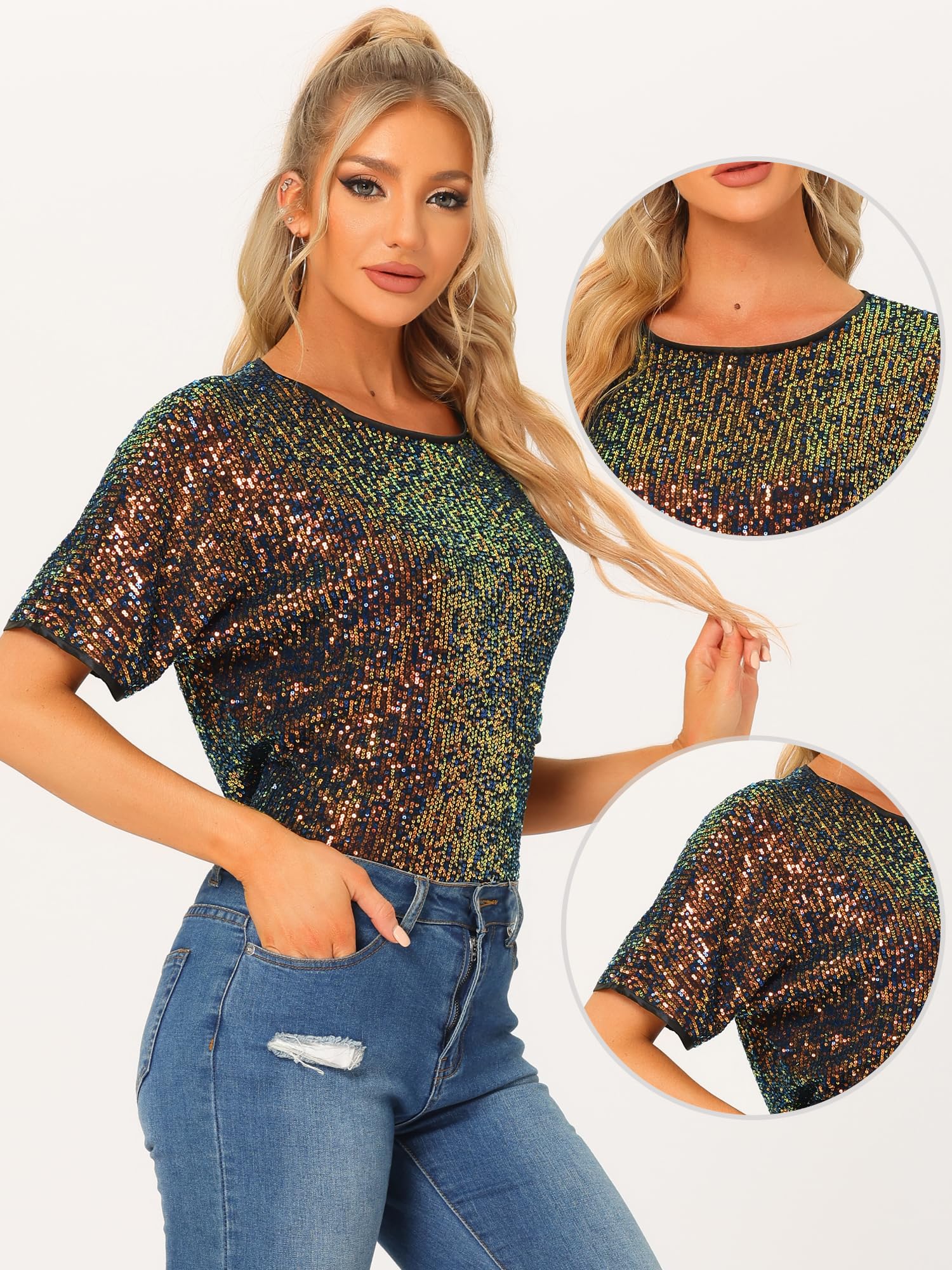 Allegra K Damen Festliches Oberteil Pailletten Oberteile Kurzarm Rund Halsausschnitt Party Glitzer Top Mehrfarbig S