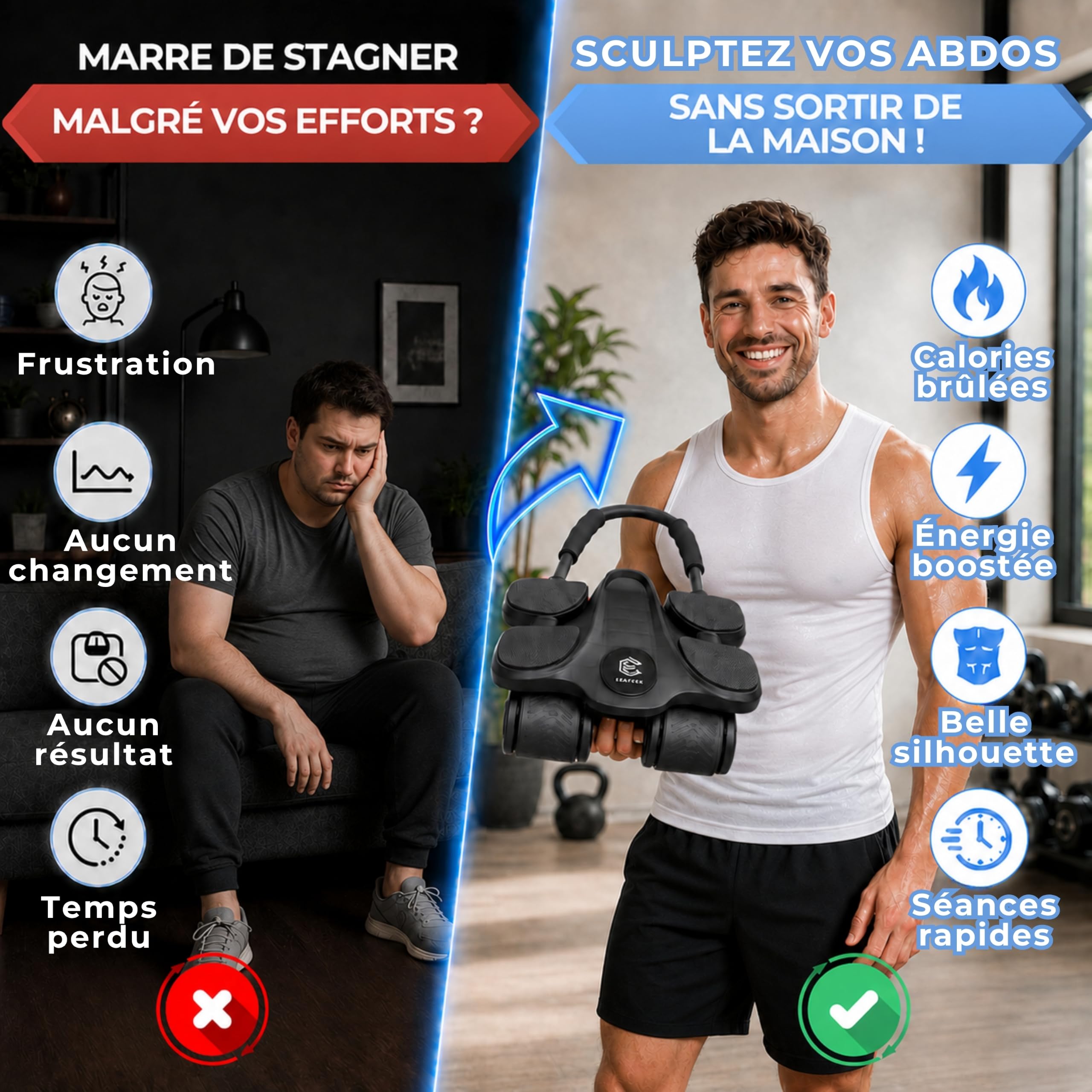 Roue Abdominale Assistée. Roulette Abdominaux robuste. Le Rouleau Abdominale Pour Hommes & Femmes. Roulette Abdos A Rebond Automatique. Adapté Au Gainage Avec Ses 4 Roues !