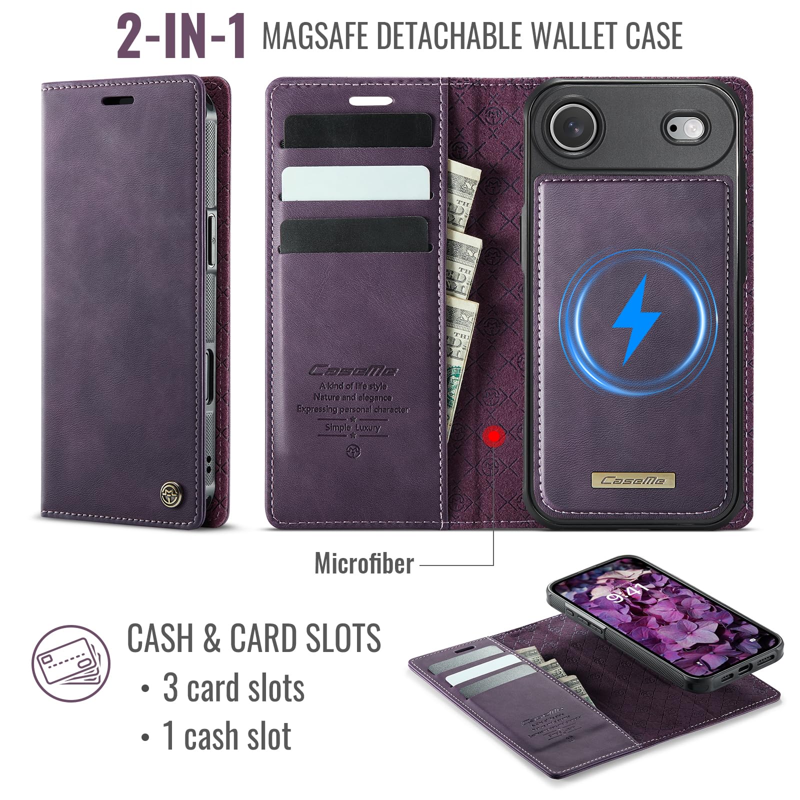 Etui portfelowe na iPhone'a 17 Air z 3 przegródkami na karty i przegródkami na gotówkę, magnetyczne zamknięcie z klapką, odłączany magnetyczny design 2 w 1, kompatybilne z Magsafe - fioletowe