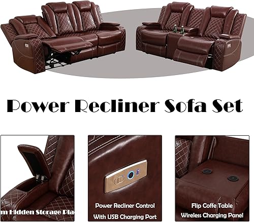 Miniatura 3 de Juego de sofá reclinable eléctrico con LED, muebles de sala de estar reclinables de cuero transpirable, sofá reclinable de cuero con puerto