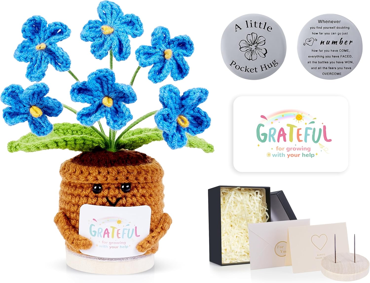 LAIDANLA Crochet Flowers for Women Small Handmade Blue Forget Me Not Graduation Friendship Cute Thank You Birthday Gifts for Mom Teachers Coworkers Best Friend