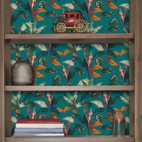 Miniatura 3 de VaryPaper Papel tapiz exótico de 17.7 x 315 pulgadas, papel tapiz de hojas azul verde azulado exótico para despegar y pegar, papel tapiz de pared