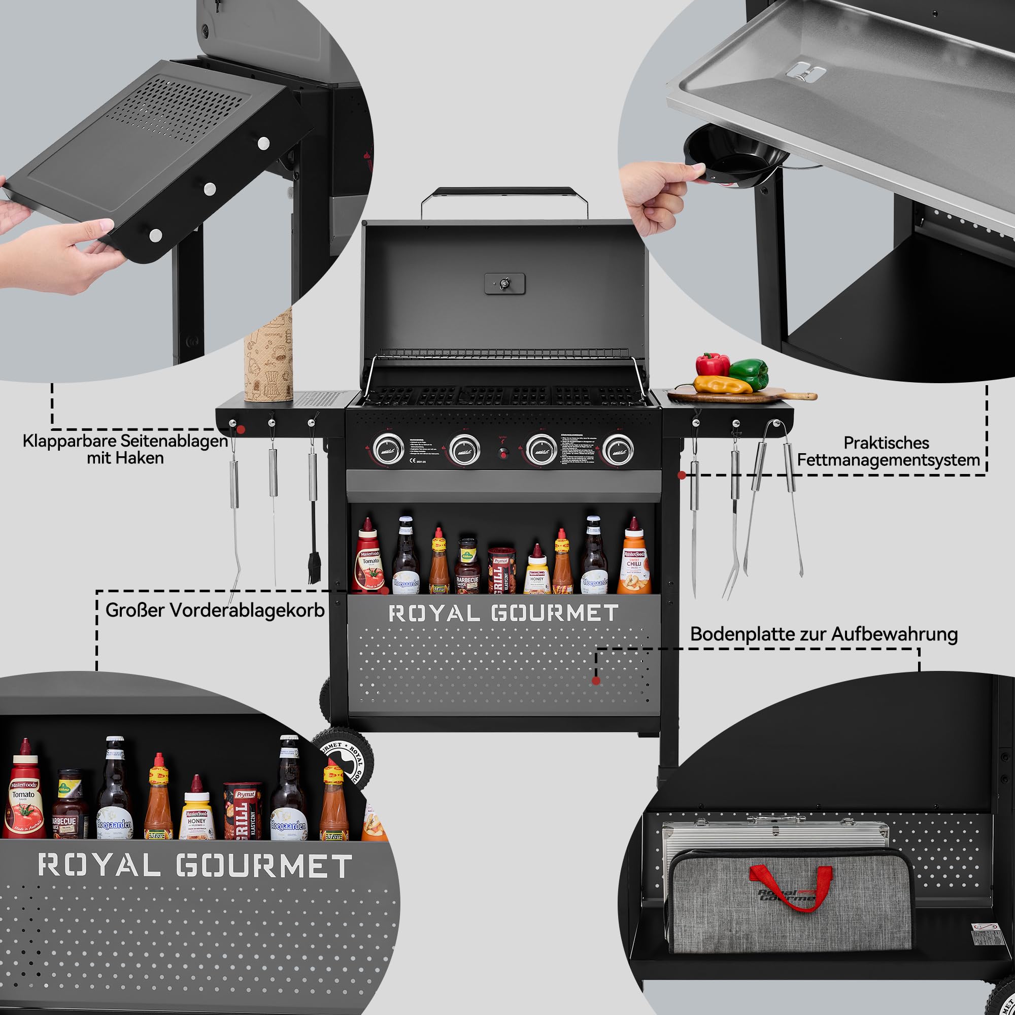 Royal Gourmet 4-Brenner Gasgrill 10 kW Grillwagen mit klappbaren Seitenablagen, Ablagekorb, Outdoor Gasgrill für Balkon, Terrasse, Garten und Camping
