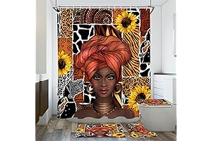 4 Pcs Black Woman Shower Curtain Set with Afro Girl Design