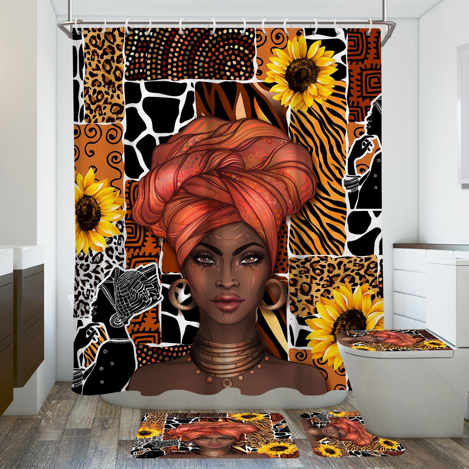 Black Woman Shower Curtain Set Afro Girl Bathroom Decor Accessories 60"x72