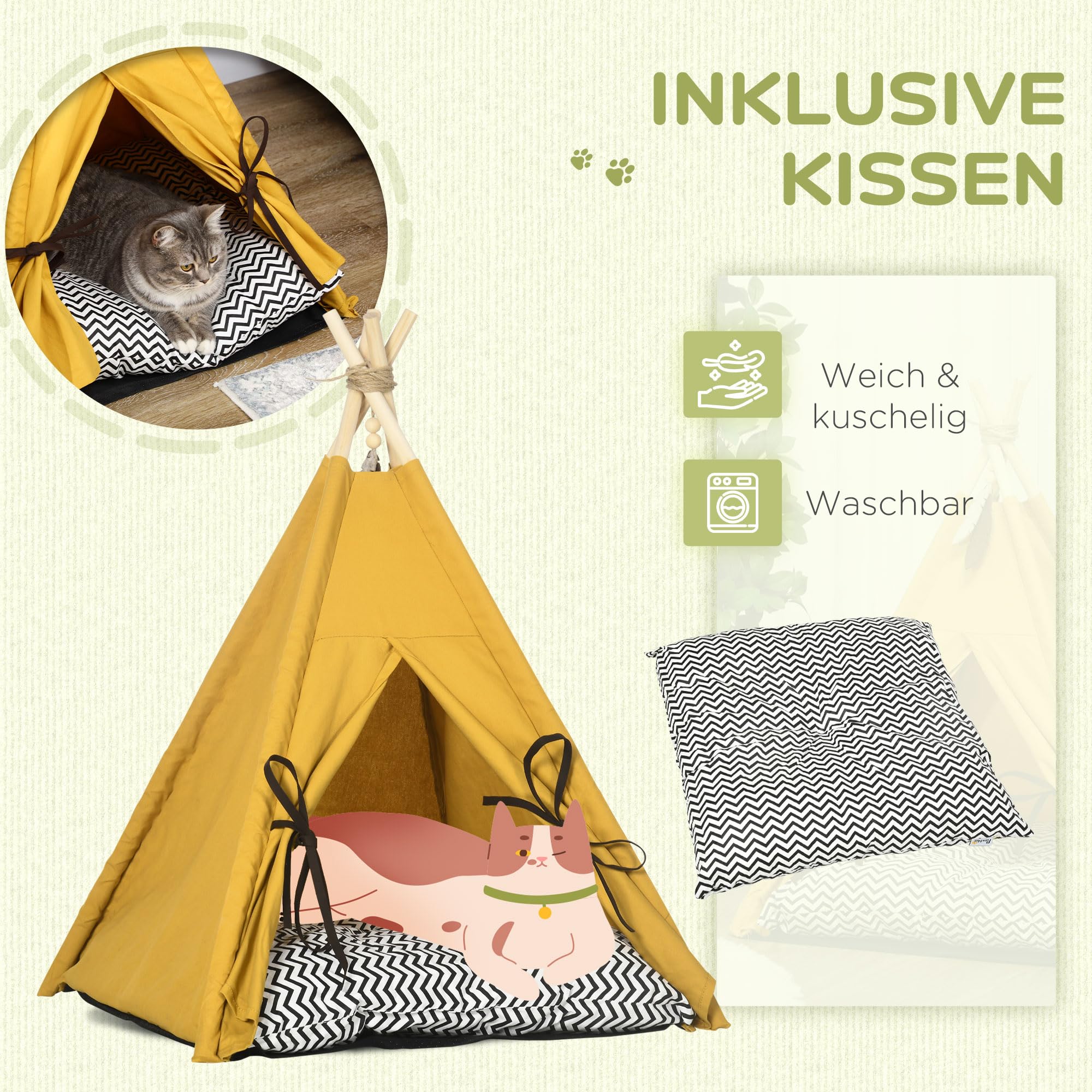 PawHut Namiot tipi dla kotów do 5 kg 60x60x76 cm Żółty | Namiot tipi dla kota z wyjmowaną pralną poduszką, antypoślizgowe dno, piłka, dla małych psów