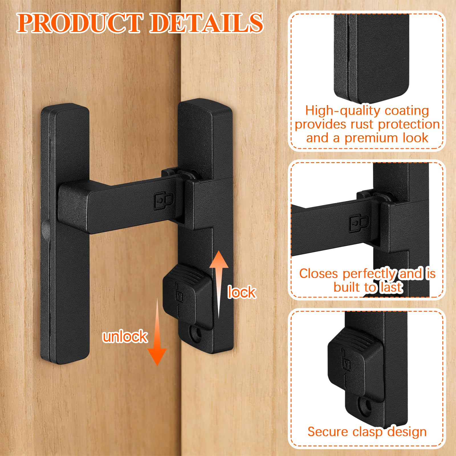Lot de 2 loquets de porte de grange, serrure de portail à 90 degrés avec bouton de verrouillage de sécurité, loquet à rabat de sécurité en alliage de zinc noir mat pour porte coulissante