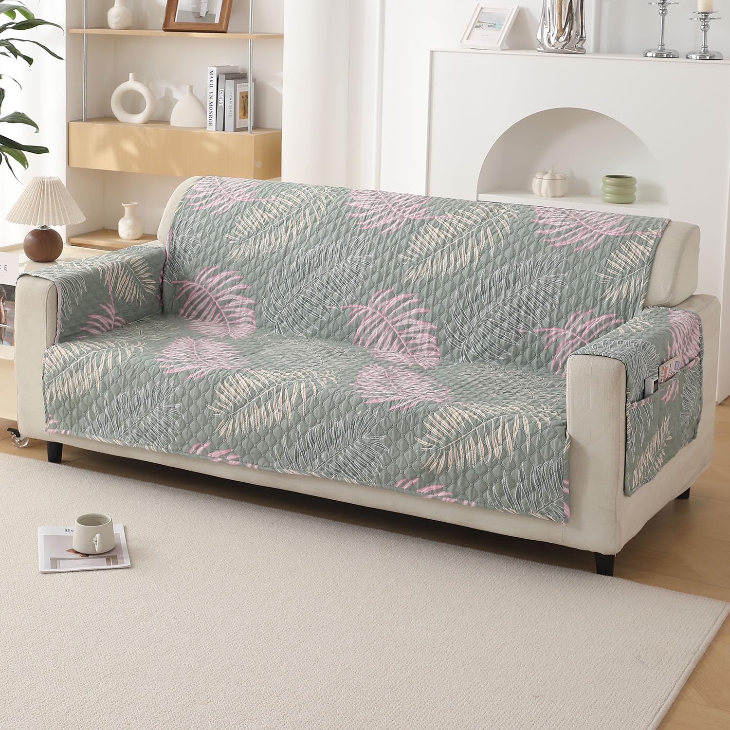 HOKIPO Polyester 2 Seater Quilted Sofa Cover with Pockets, Tropical Leaves Pastel Green (IN-739-D1) (B0CVV2NLF5) Amazon Price History, Amazon Price Tracker