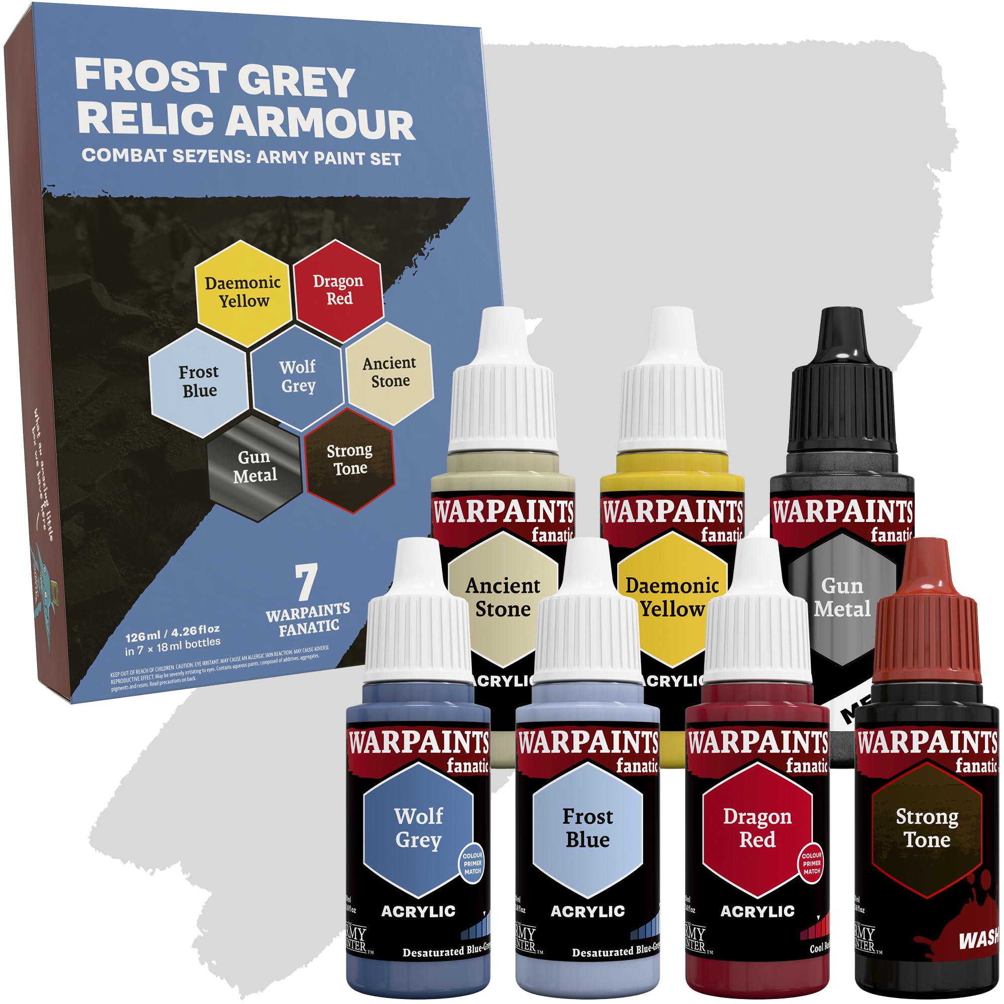 The Army Painter, Combat Se7ens: Frost Grey Relic Armour, 7 x 18 ml Warpaints Fanatic: 5 Acrylic, 1 Wash, 1 Metallic, Perfect for Miniature Quality Hobby Paints for DnD & Warhammer Figures
