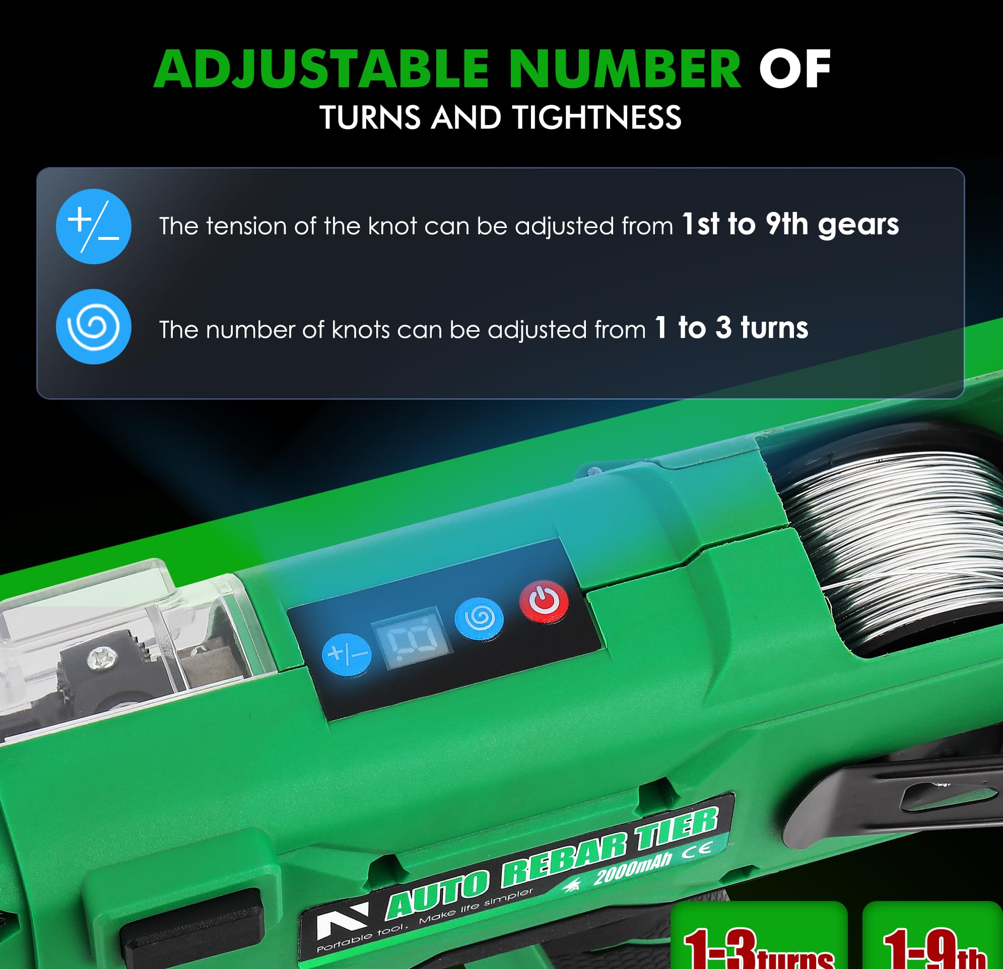NEWTRY Atadora de Ferralla Automática Profesional de Varillas de Hierro con 2 Baterías de 4000 mAh y Cargador, para Barra de Acero de 0,3'' a 1,33'' (7~34 mm)