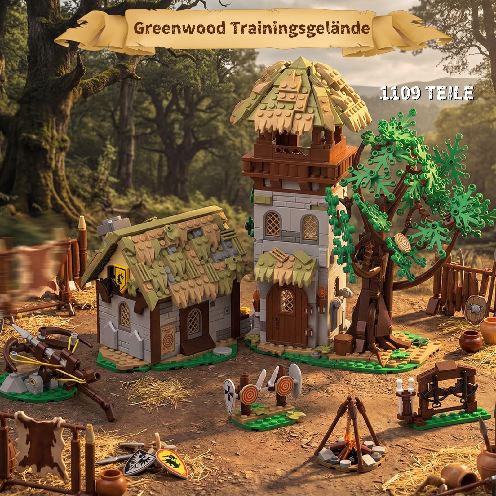 Greenwood Trainingsgelände Mittelalter Ritterburg Klemmbausteine Burg Modell, Retro Mittelalterliches Castle Modular Building für Erwachsene (1109 Teile)