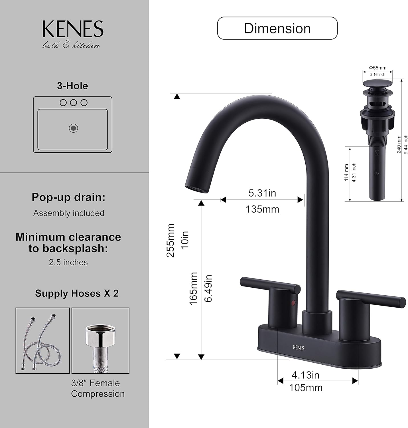 Flаѕh Sаlе KENES 4 Inch 2 Handle Lead-Free Matte Black Bathroom Sink Faucet, with Drainage Device Assembly and Two Water Supply Lines, 2-Handle Bathroom Sink Faucet, Lavatory Faucet Mixer Double Handle
