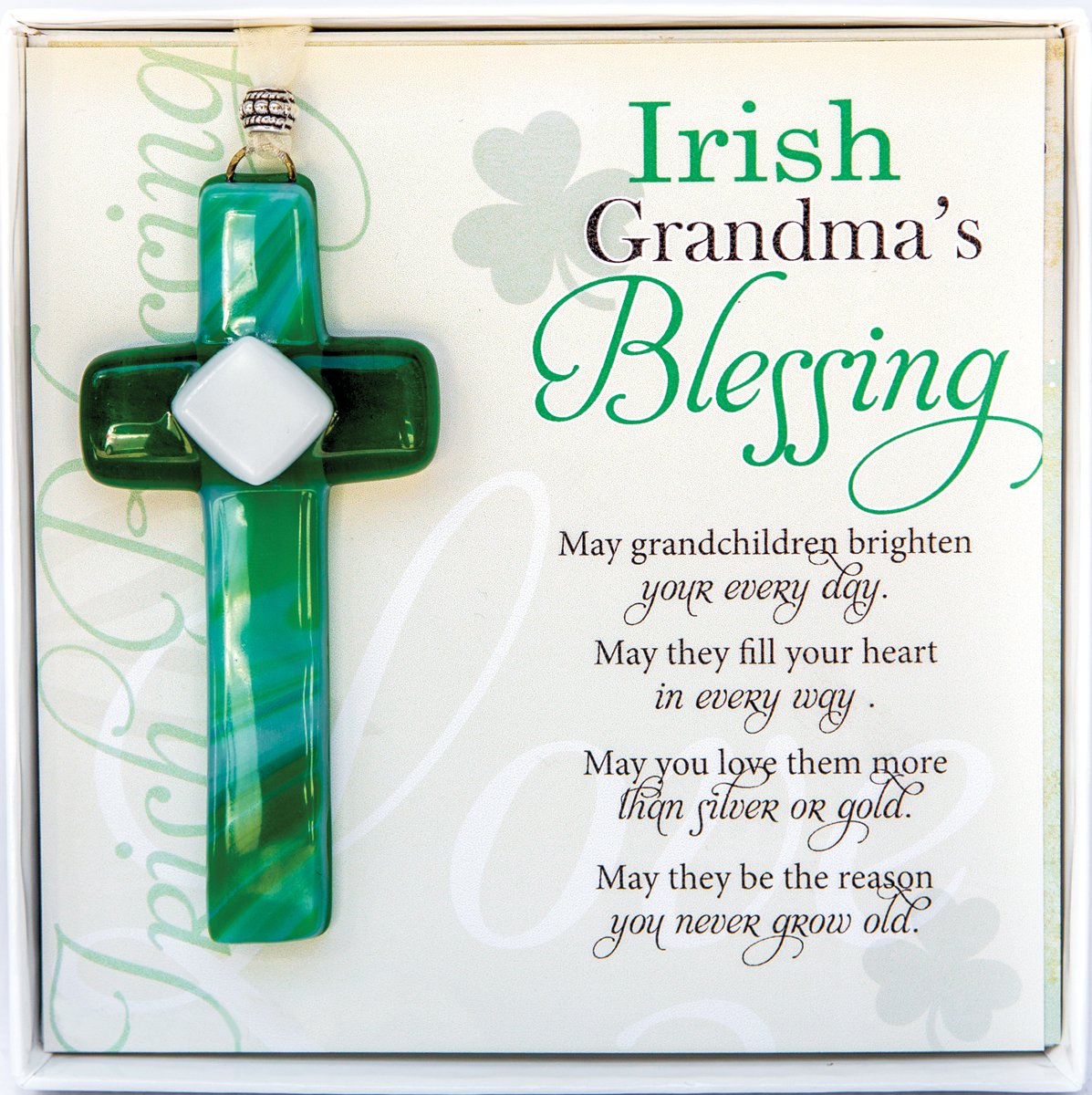 Irish Grandma Gift- Grandmother Blessing with Handmade in USA Glass Cross/Shamrock- New Irish Grandma, Birthday, Mother's Day (Cross)